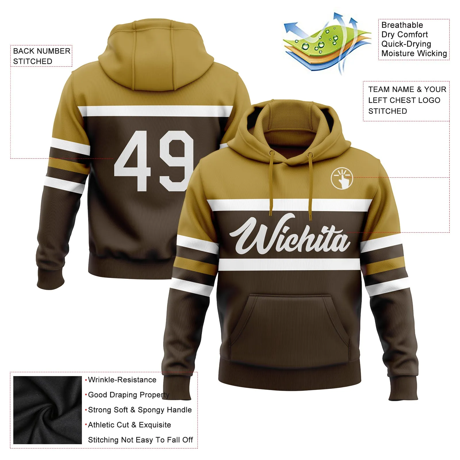 Custom Stitched Brown White-Old Gold Line Sports Pullover Sweatshirt Hoodie