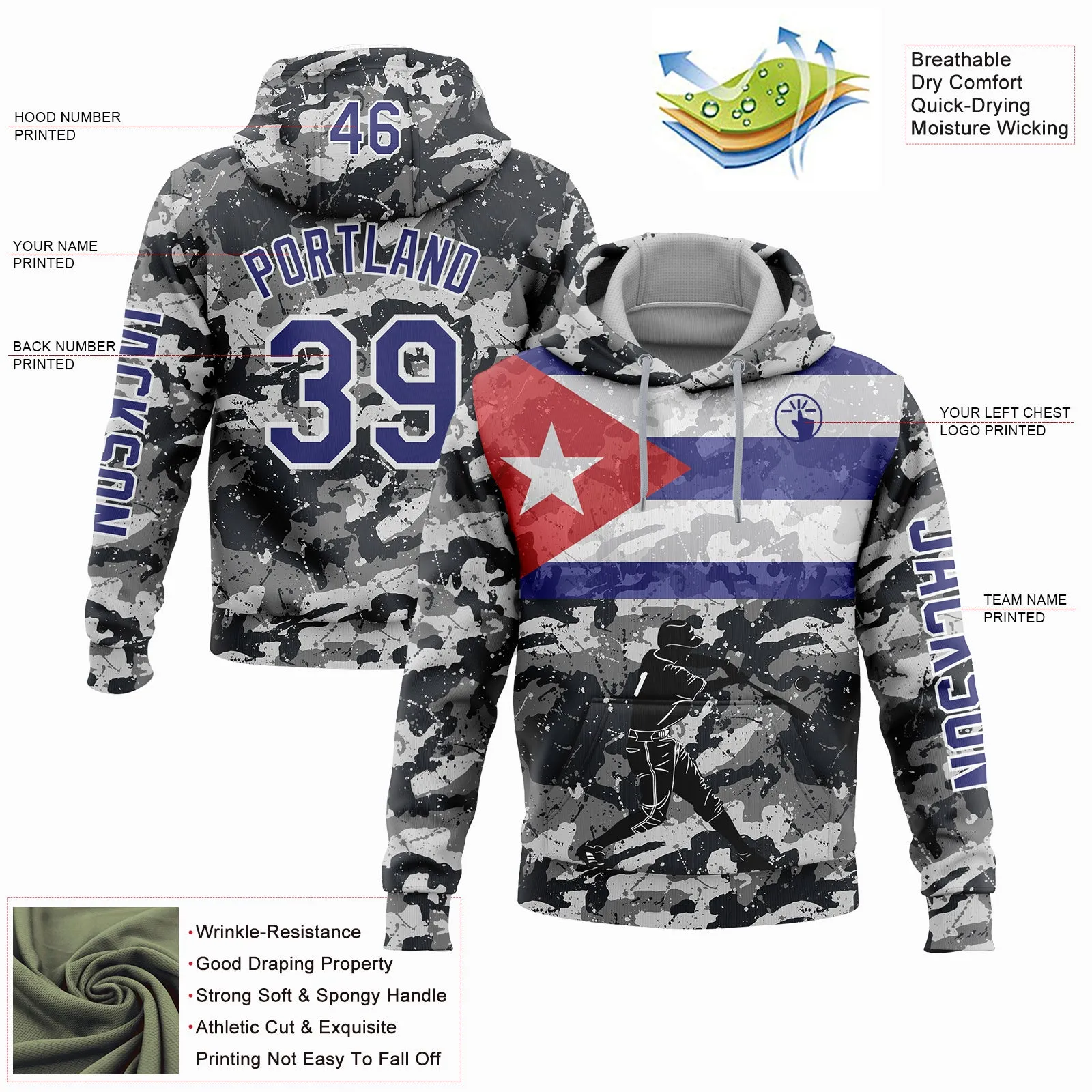 Custom Stitched Camo Dark Purple-White 3D Cuba Cuban Flag Sports Pullover Sweatshirt Salute To Service Hoodie