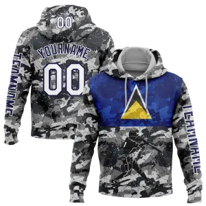 Custom Stitched Camo White-Navy 3D Saint Lucia Saint Lucian Flag Sports Pullover Sweatshirt Salute To Service Hoodie