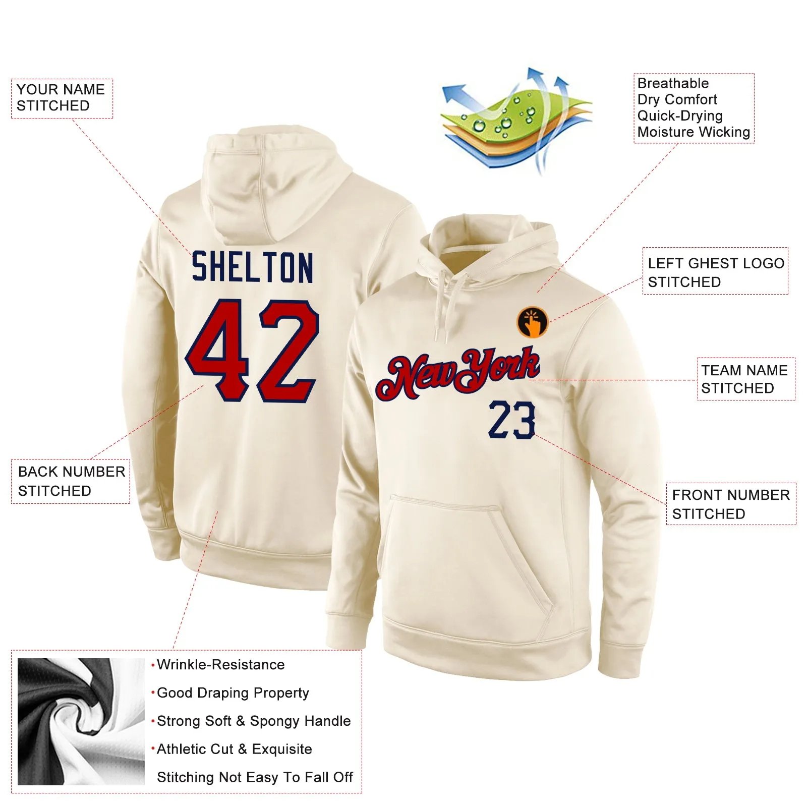 Custom Stitched Cream Red-Navy Sports Pullover Sweatshirt Hoodie