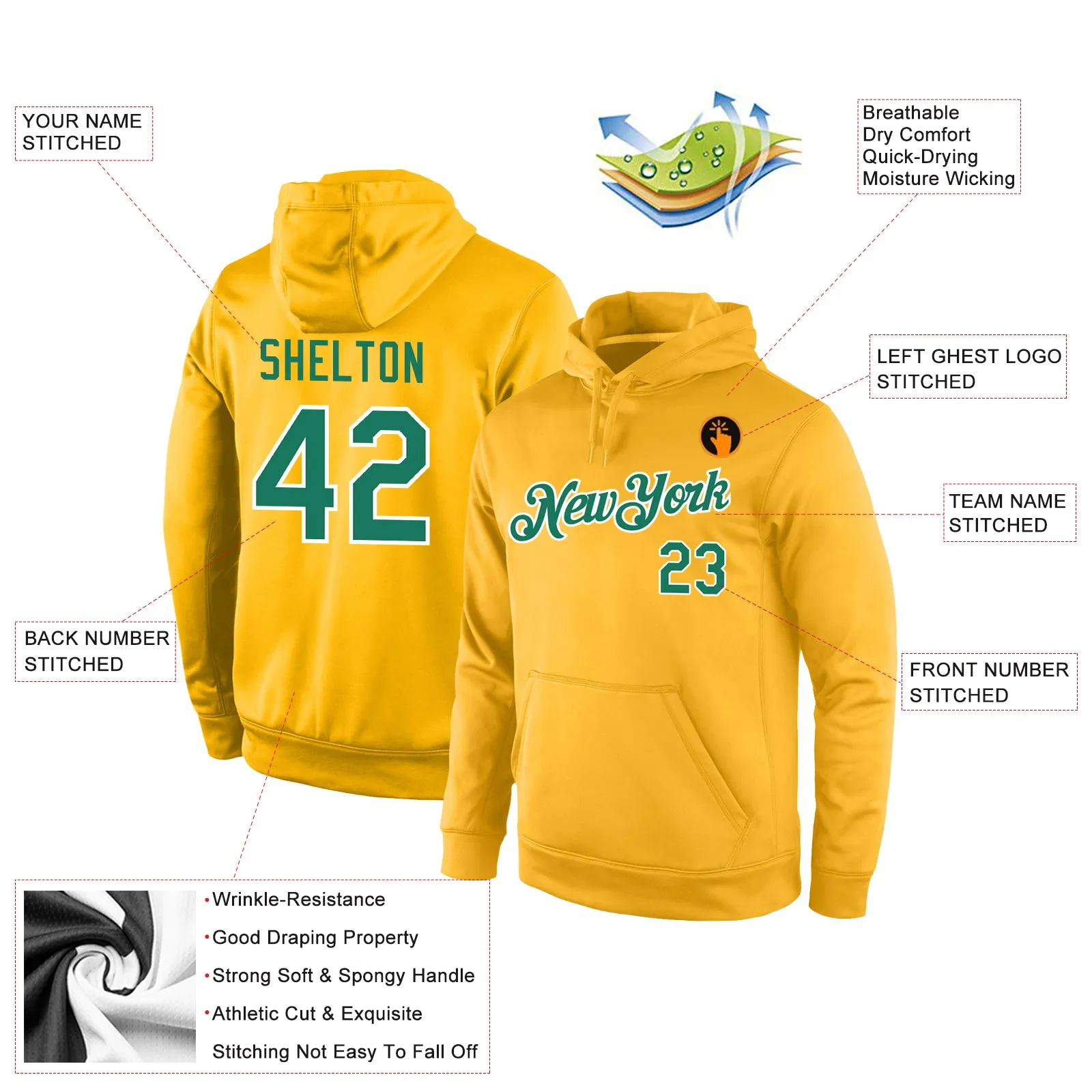 Custom Stitched Gold Kelly Green-White Sports Pullover Sweatshirt Hoodie