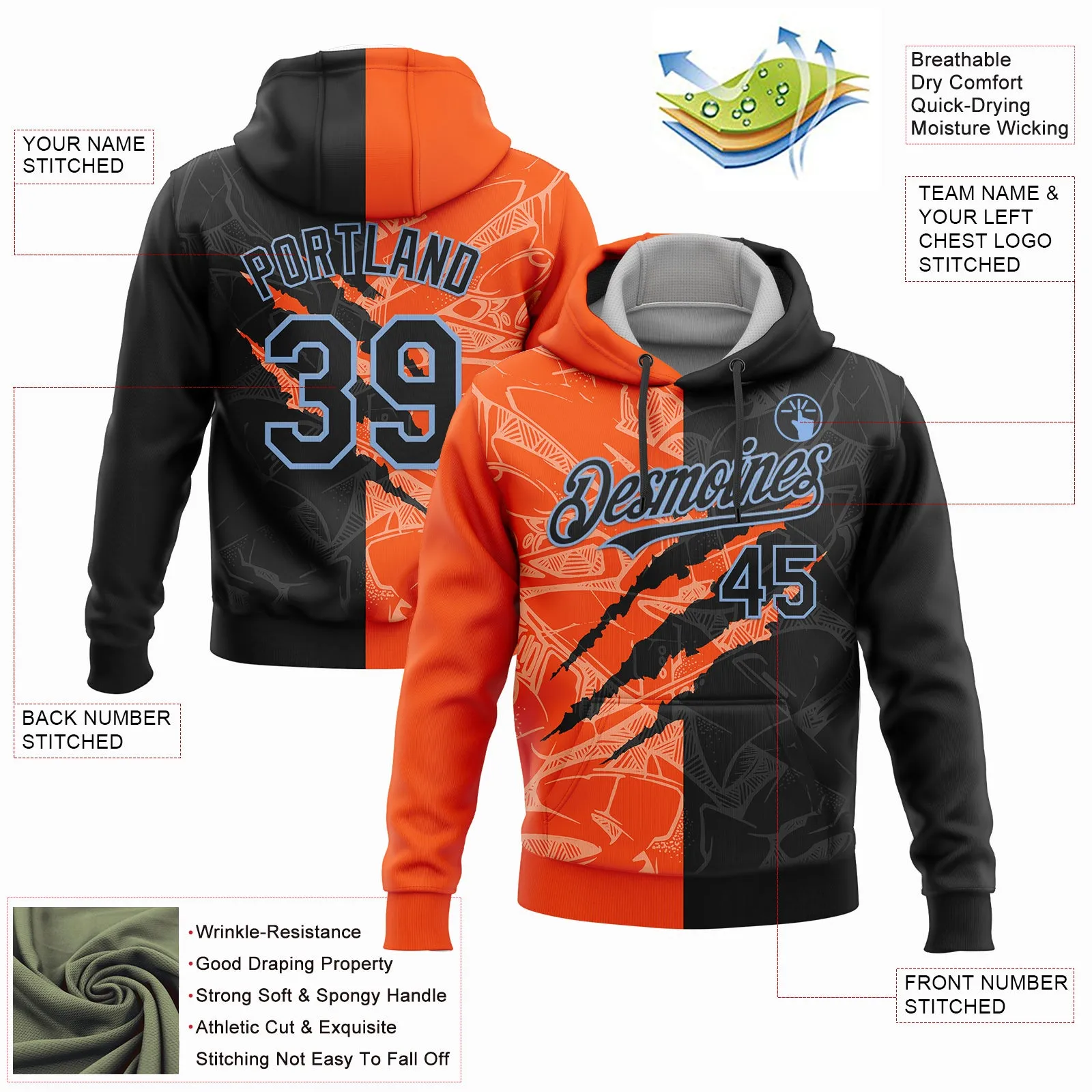 Custom Stitched Graffiti Pattern Black Orange-Light Blue 3D Scratch Sports Pullover Sweatshirt Hoodie