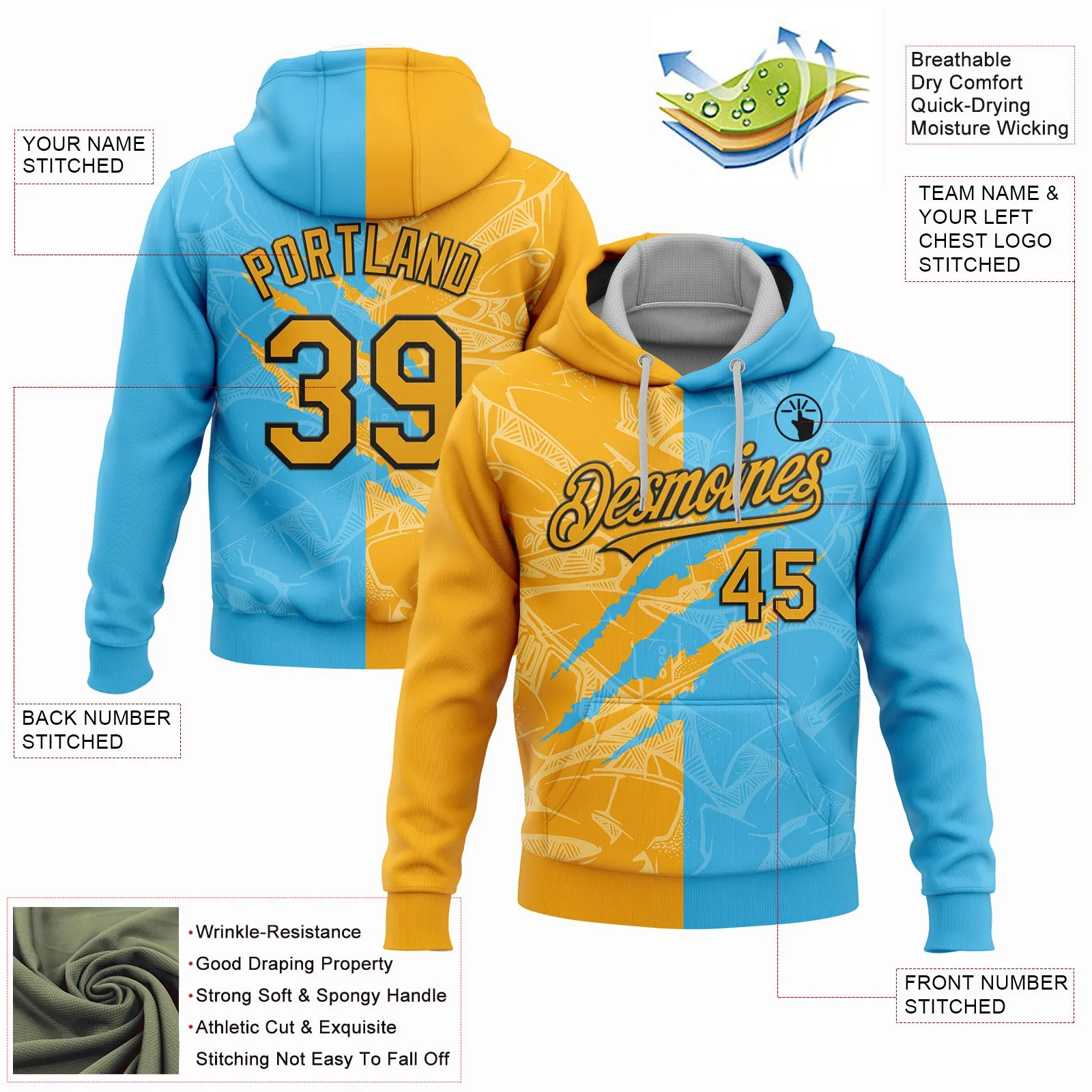 Custom Stitched Graffiti Pattern Gold Sky Blue-Black 3D Scratch Sports Pullover Sweatshirt Hoodie