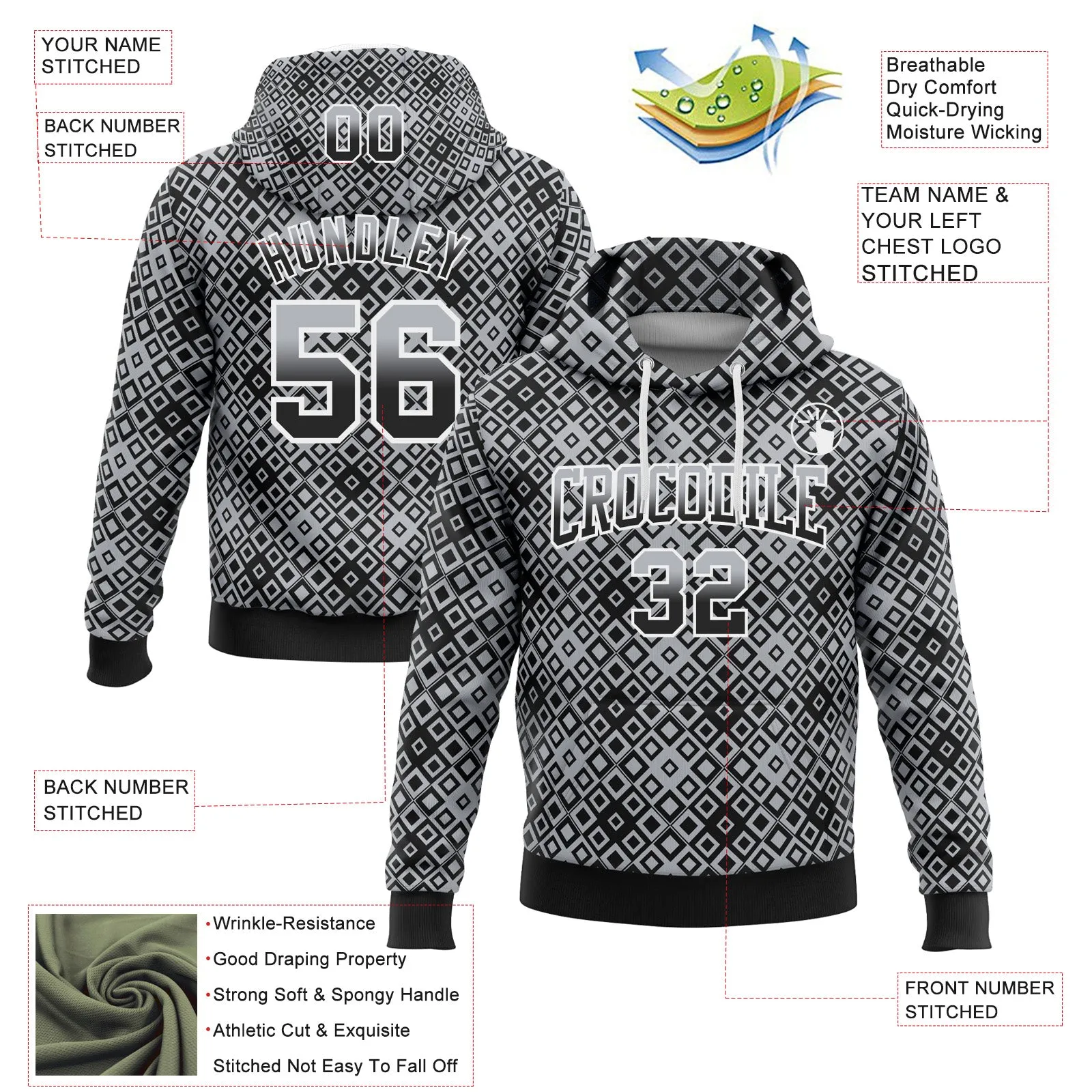 Custom Stitched Gray Black-White Fade 3D Pattern Design Geometric Square Shapes Sports Pullover Sweatshirt Hoodie