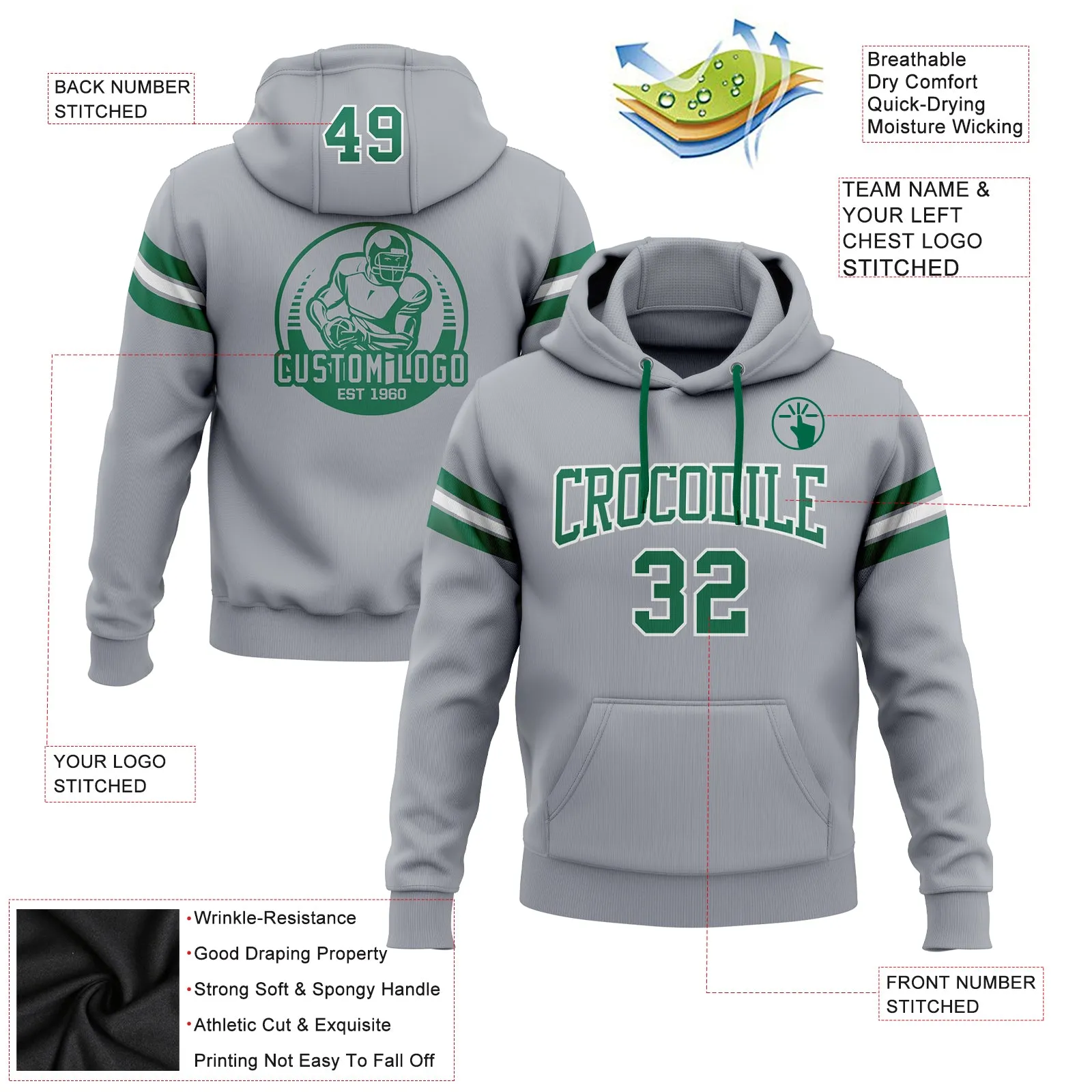 Custom Stitched Gray Kelly Green-White Football Pullover Sweatshirt Hoodie