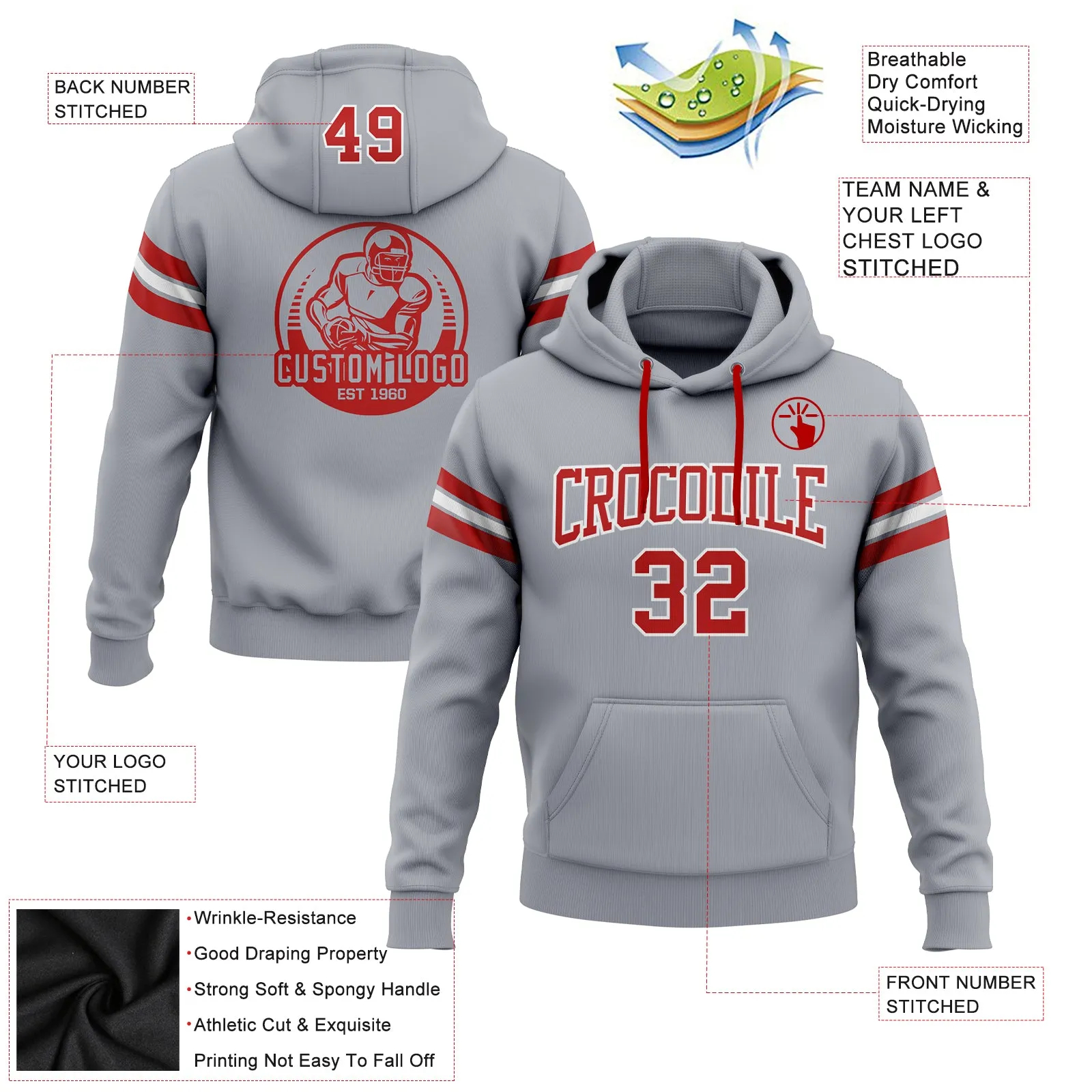 Custom Stitched Gray Red-White Football Pullover Sweatshirt Hoodie