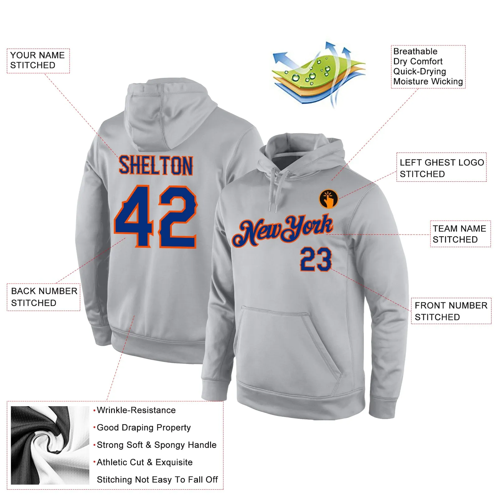 Custom Stitched Gray Royal-Orange Sports Pullover Sweatshirt Hoodie