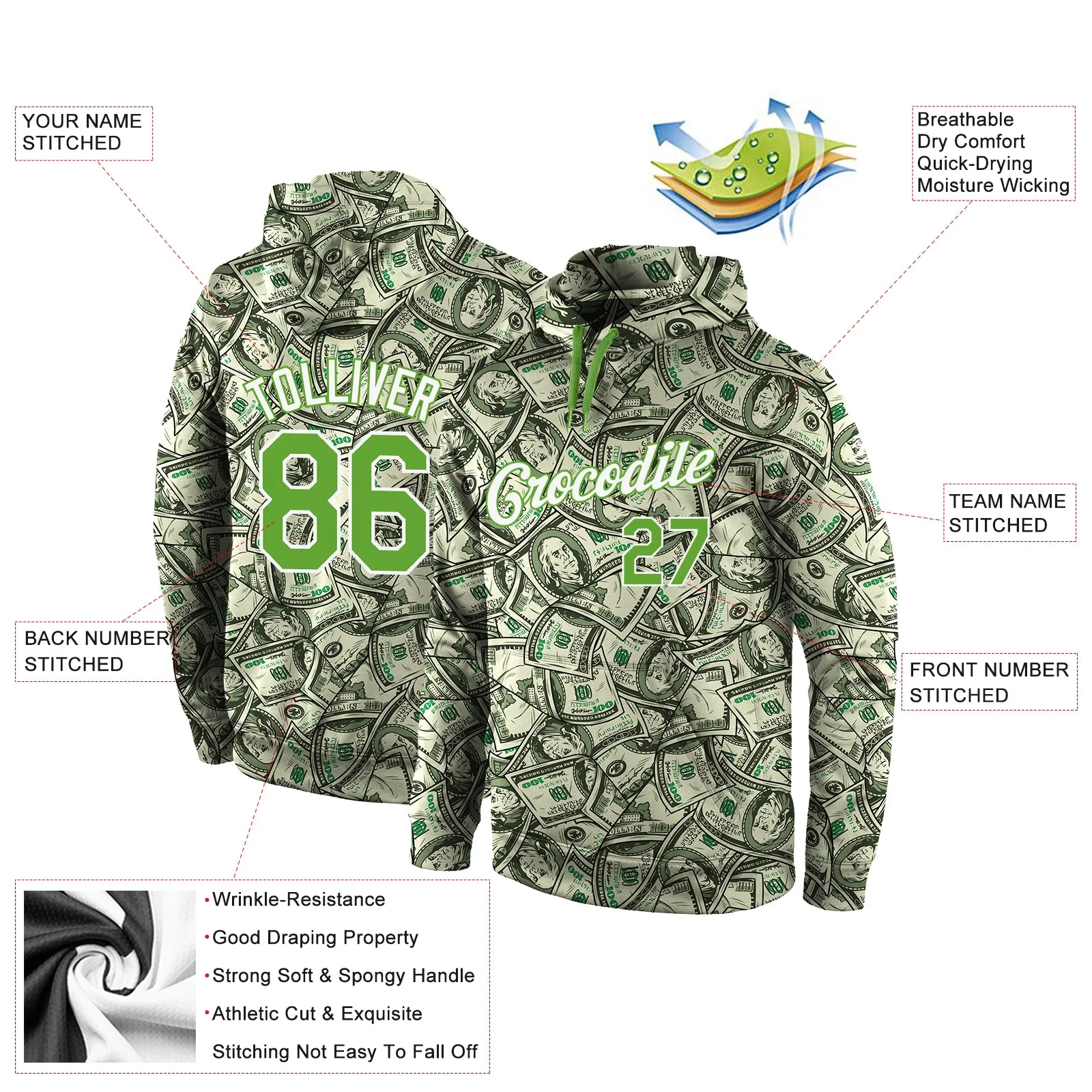 Custom Stitched Green Neon Green-White 3D Pattern Design Dollar Sports Pullover Sweatshirt Hoodie