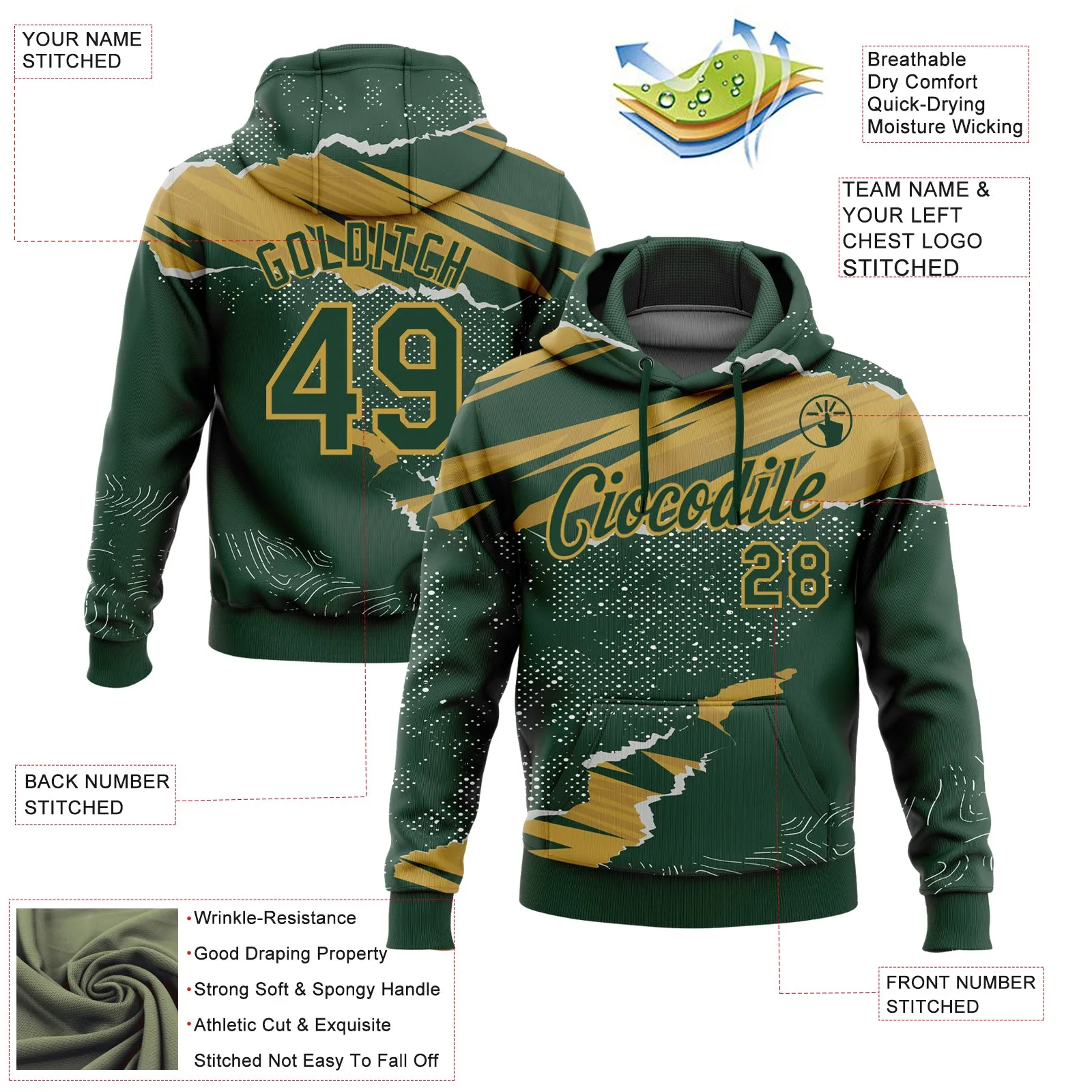 Custom Stitched Green Old Gold 3D Pattern Design Torn Paper Style Sports Pullover Sweatshirt Hoodie