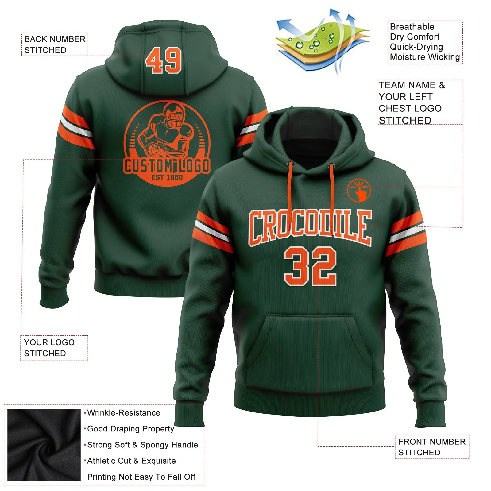 Custom Stitched Green Orange-White Football Pullover Sweatshirt Hoodie