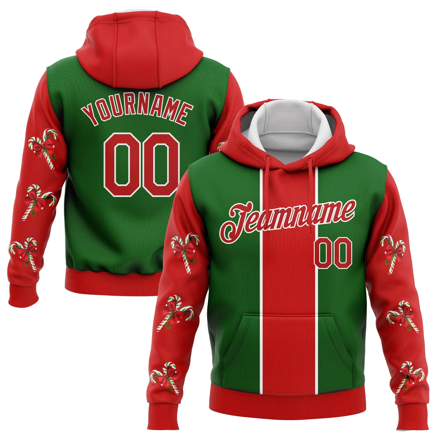 Custom Stitched Kelly Green Red-White 3D Christmas Candy Canes Sports Pullover Sweatshirt Hoodie