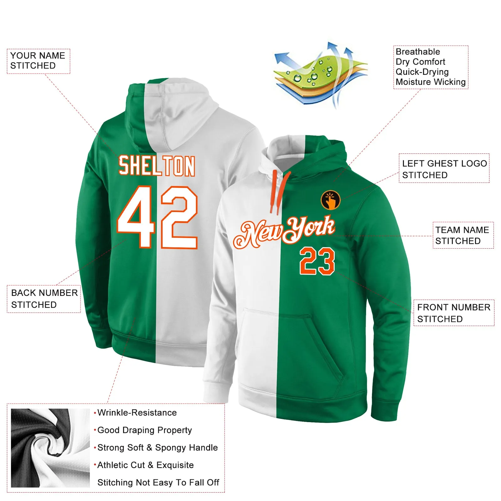 Custom Stitched Kelly Green White-Orange Split Fashion Sports Pullover Sweatshirt Hoodie