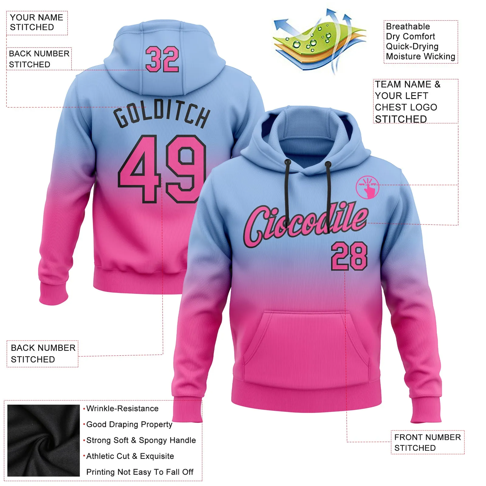 Custom Stitched Light Blue Pink-Black Fade Fashion Sports Pullover Sweatshirt Hoodie