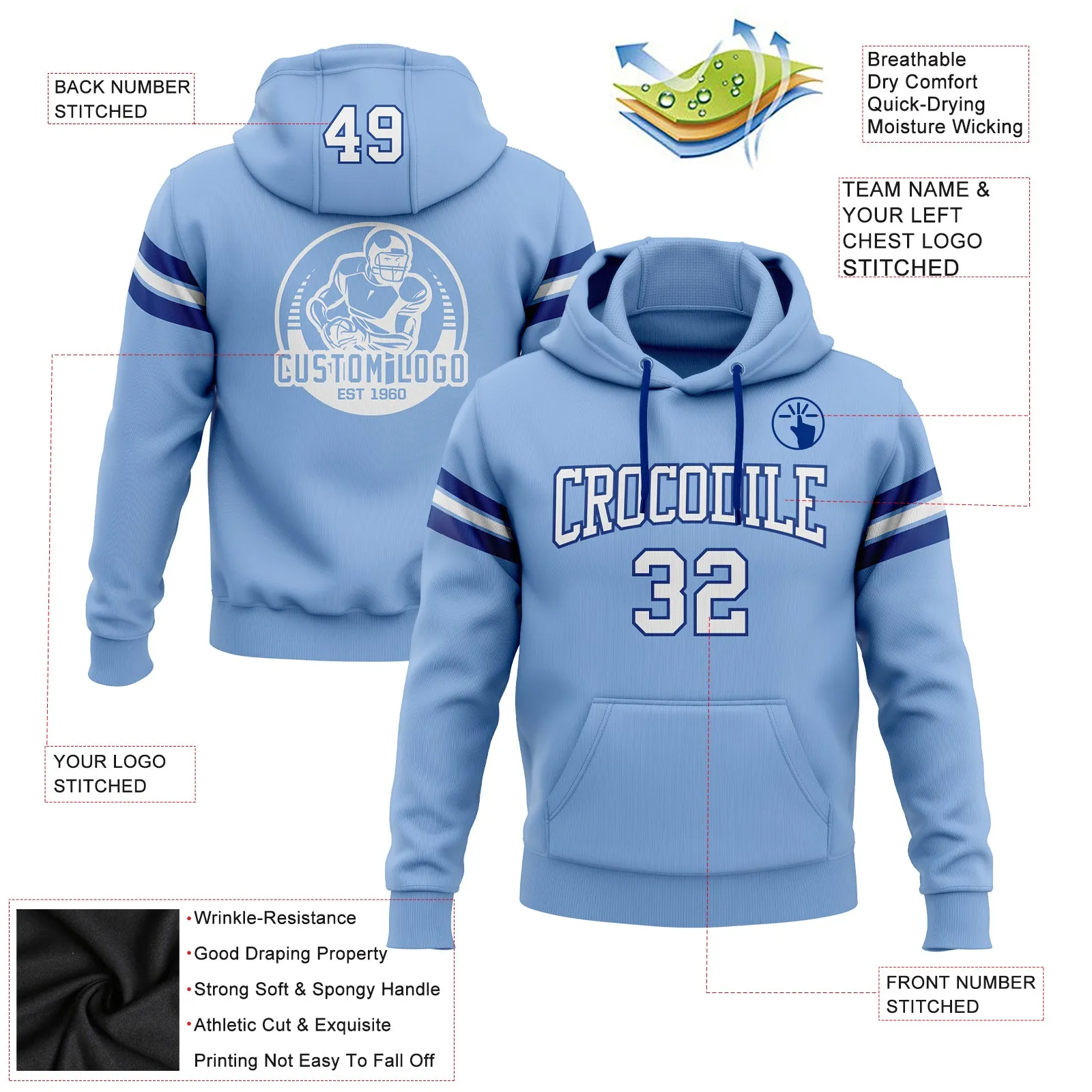 Custom Stitched Light Blue White-Royal Football Pullover Sweatshirt Hoodie