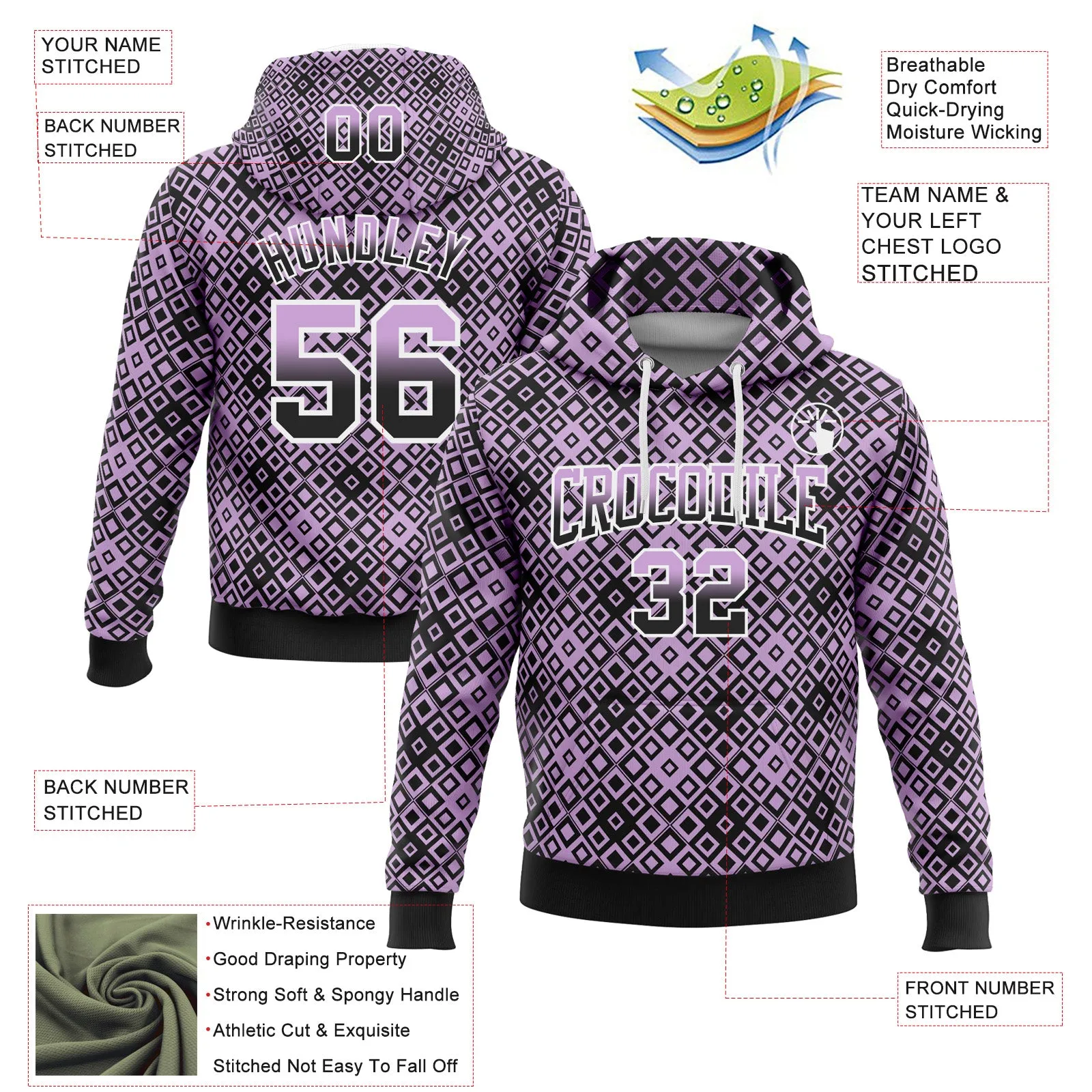 Custom Stitched Light Purple Black-White Fade 3D Pattern Design Geometric Square Shapes Sports Pullover Sweatshirt Hoodie