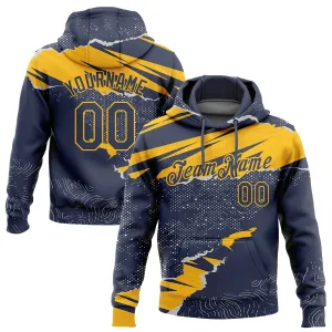 Custom Stitched Navy Gold 3D Pattern Design Torn Paper Style Sports Pullover Sweatshirt Hoodie