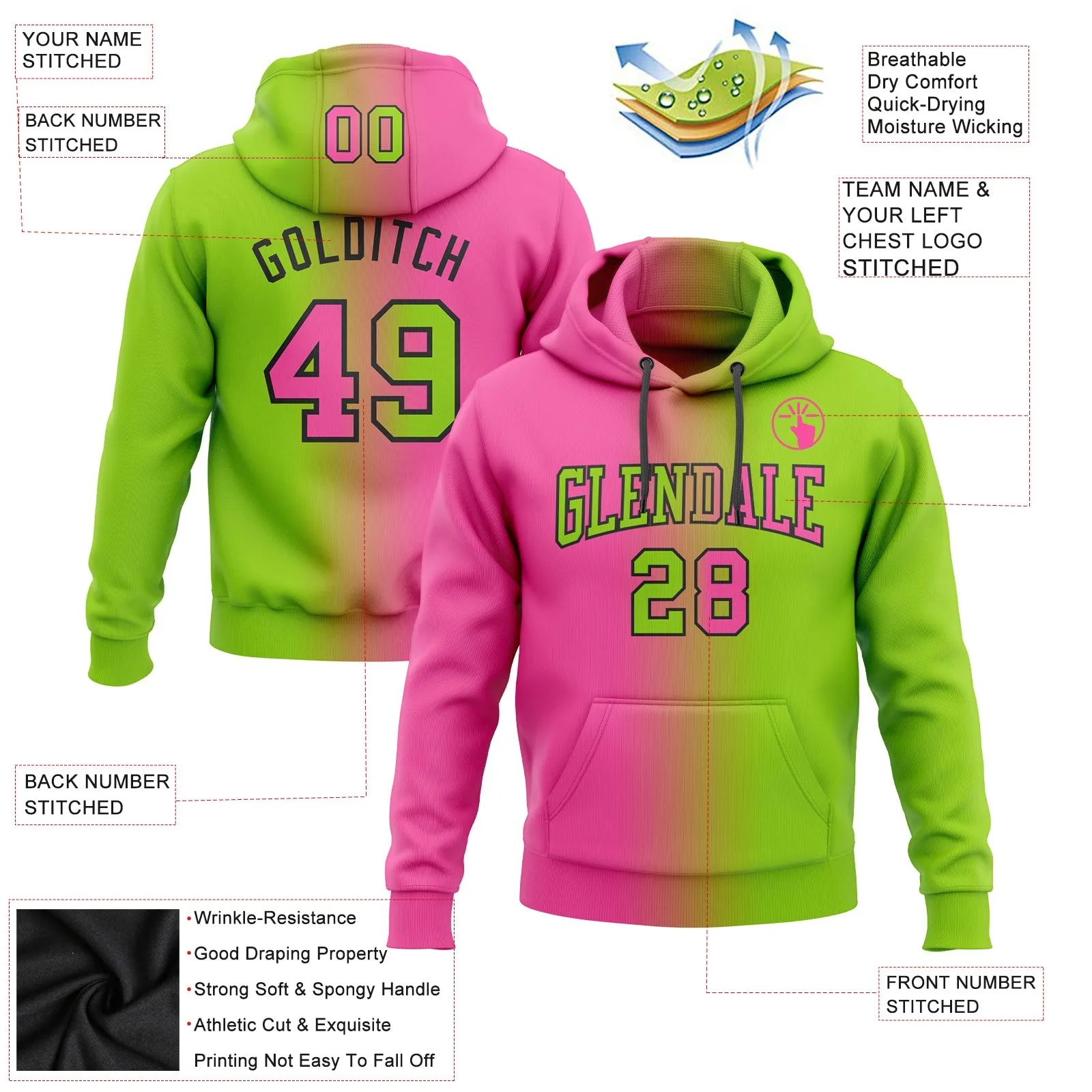 Custom Stitched Neon Green Pink-Black Gradient Fashion Sports Pullover Sweatshirt Hoodie