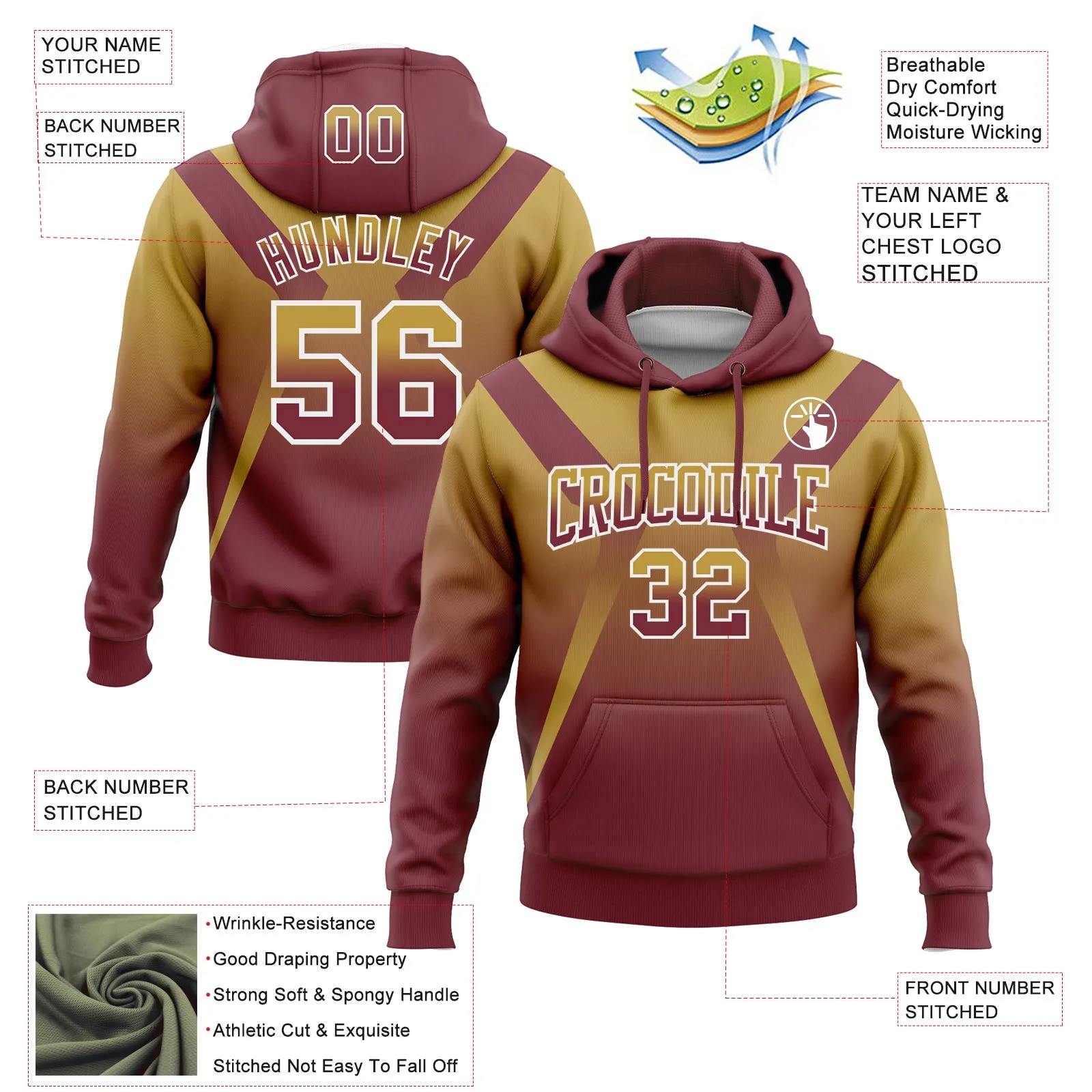 Custom Stitched Old Gold Burgundy-White Fade Fashion Arrow Sports Pullover Sweatshirt Hoodie