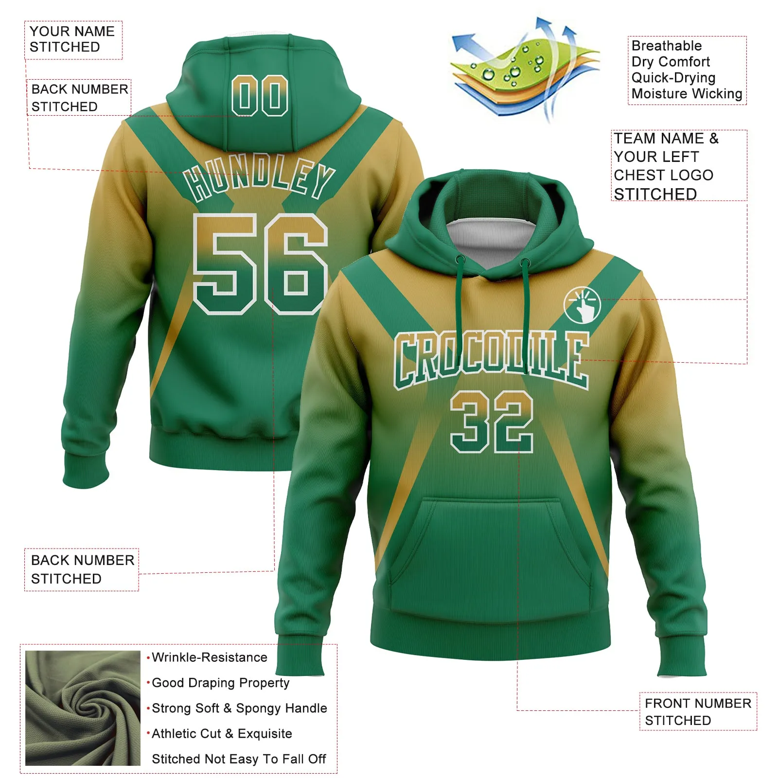 Custom Stitched Old Gold Kelly Green-White Fade Fashion Arrow Sports Pullover Sweatshirt Hoodie