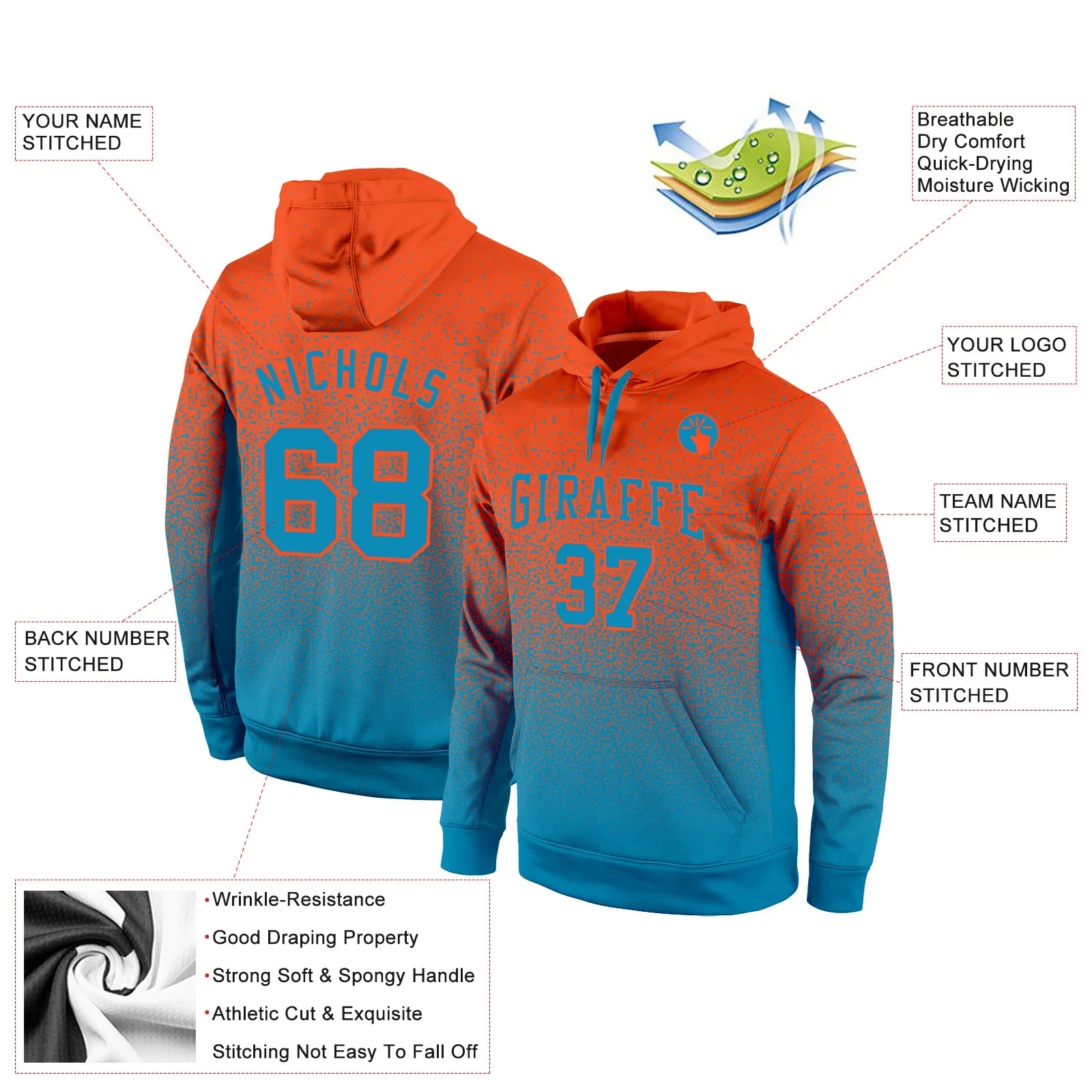 Custom Stitched Orange Panther Blue Fade Fashion Sports Pullover Sweatshirt Hoodie