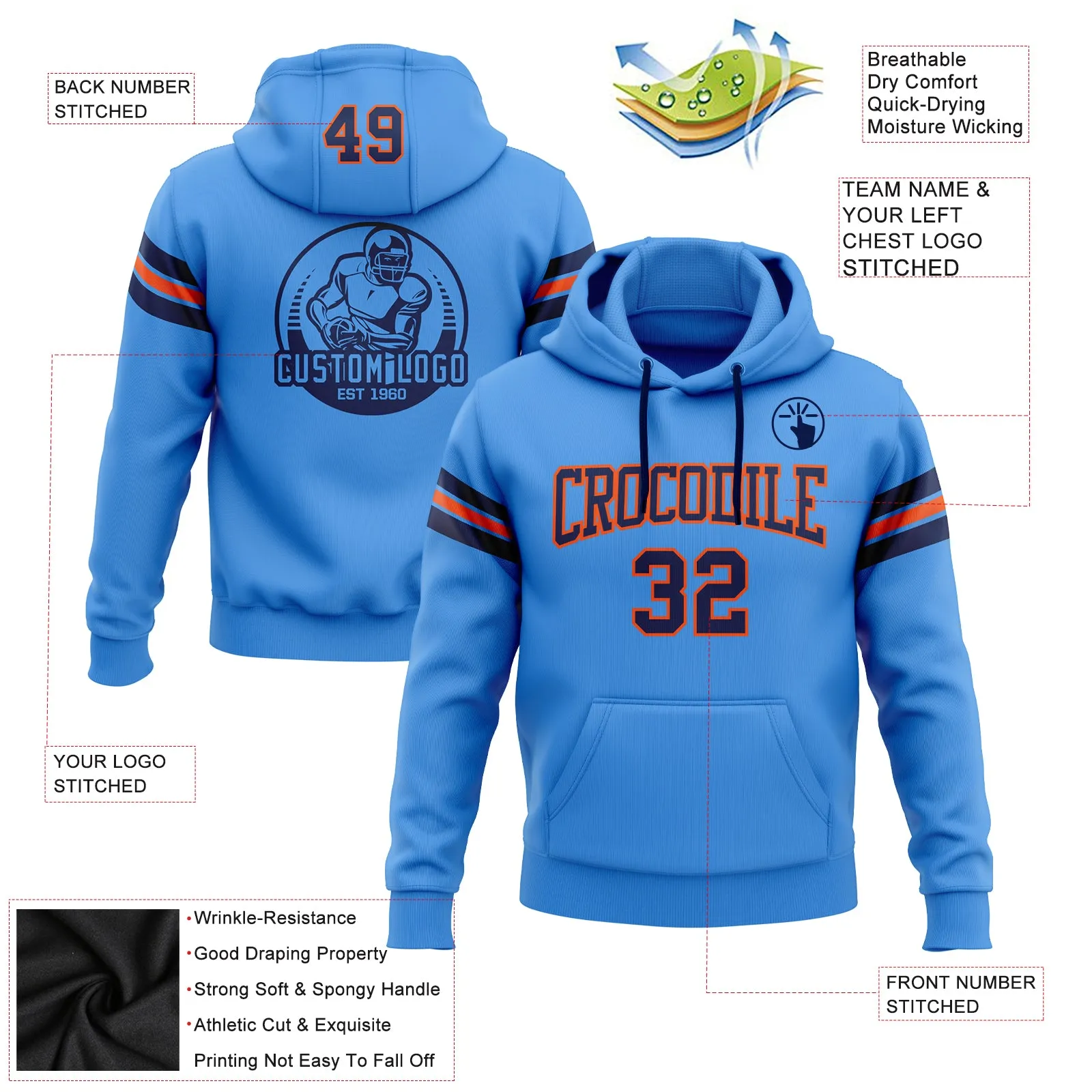 Custom Stitched Powder Blue Navy-Orange Football Pullover Sweatshirt Hoodie