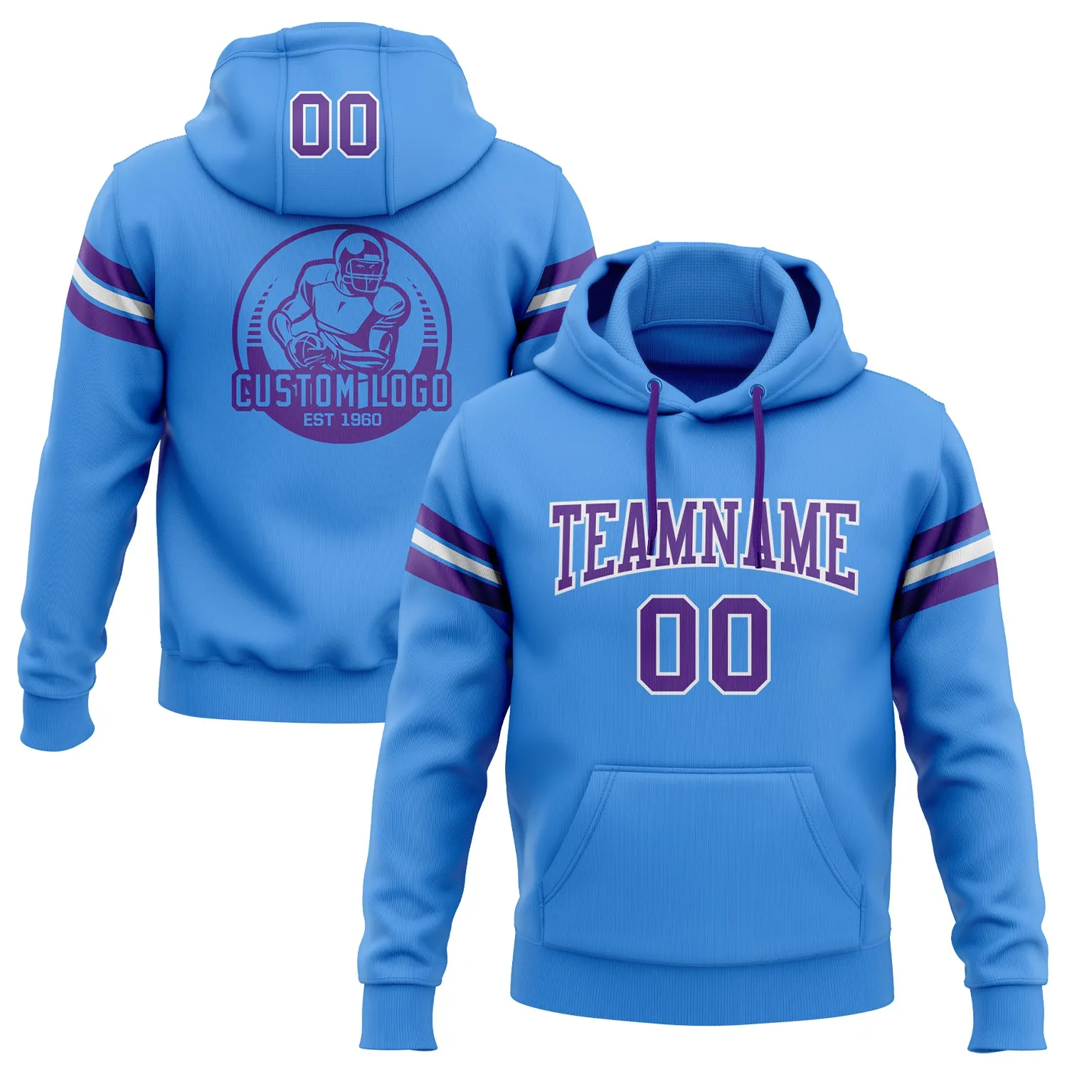 Custom Stitched Powder Blue Purple-White Football Pullover Sweatshirt Hoodie