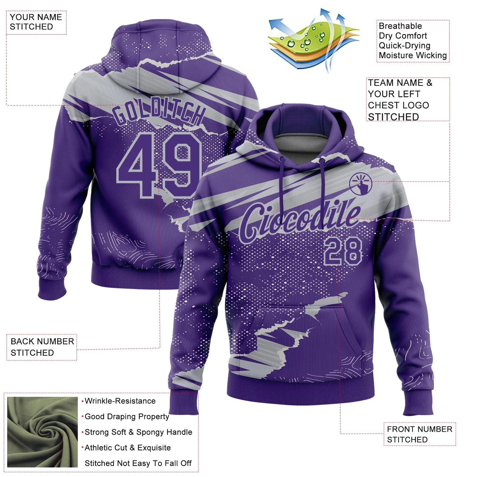 Custom Stitched Purple Gray 3D Pattern Design Torn Paper Style Sports Pullover Sweatshirt Hoodie