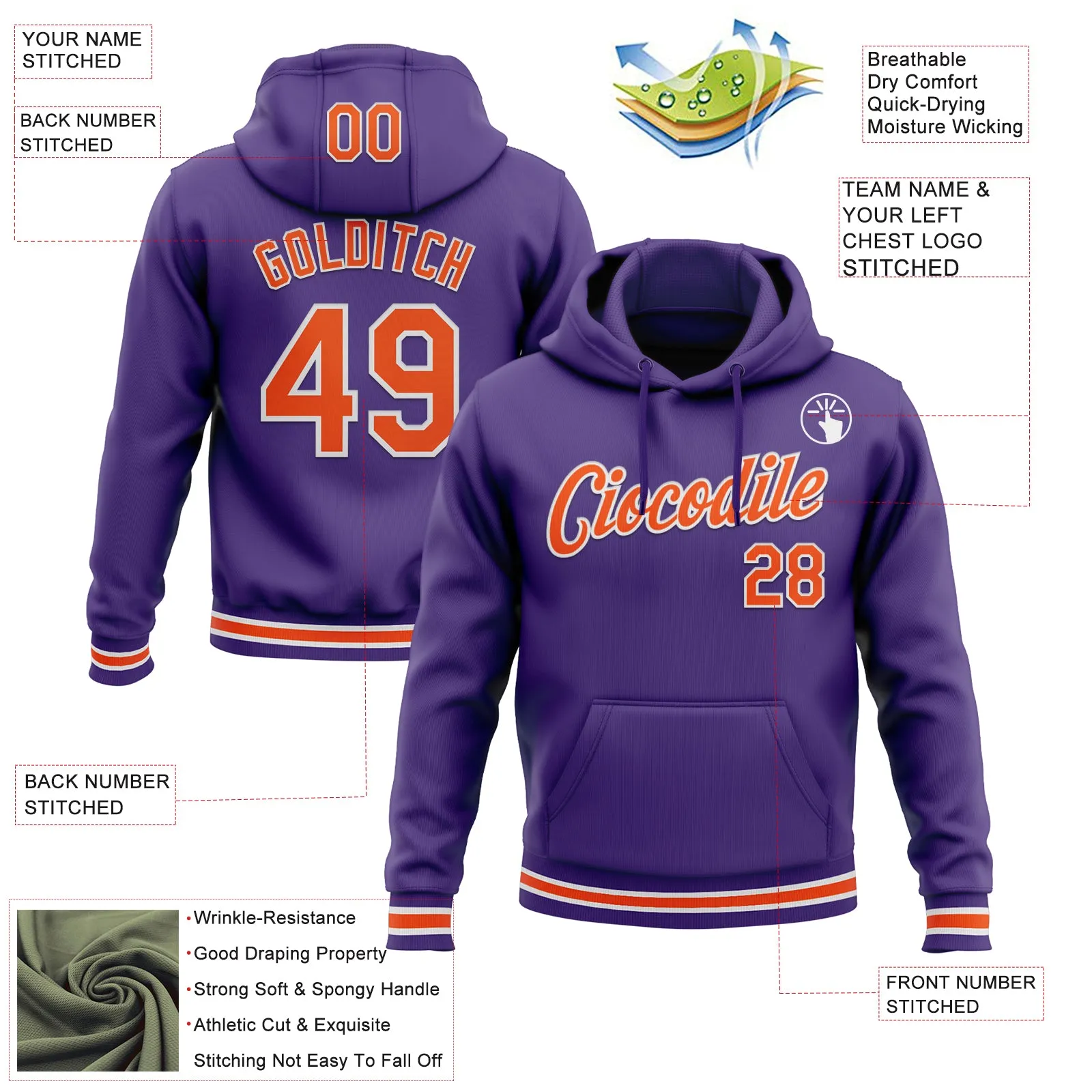 Custom Stitched Purple Orange-White Sports Pullover Sweatshirt Hoodie