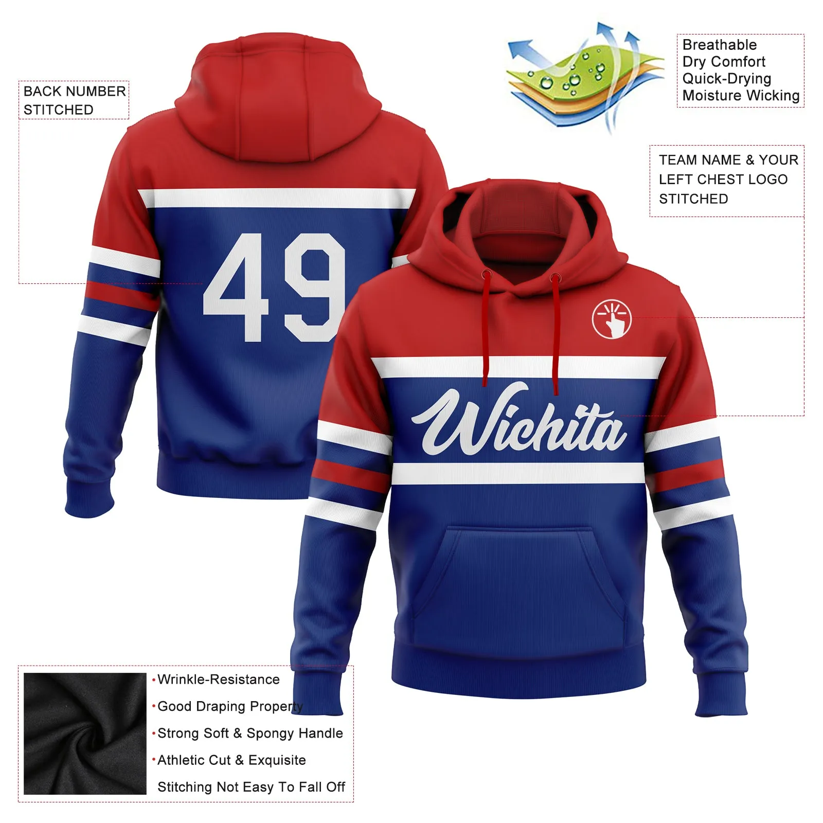 Custom Stitched Royal White-Red Line Sports Pullover Sweatshirt Hoodie