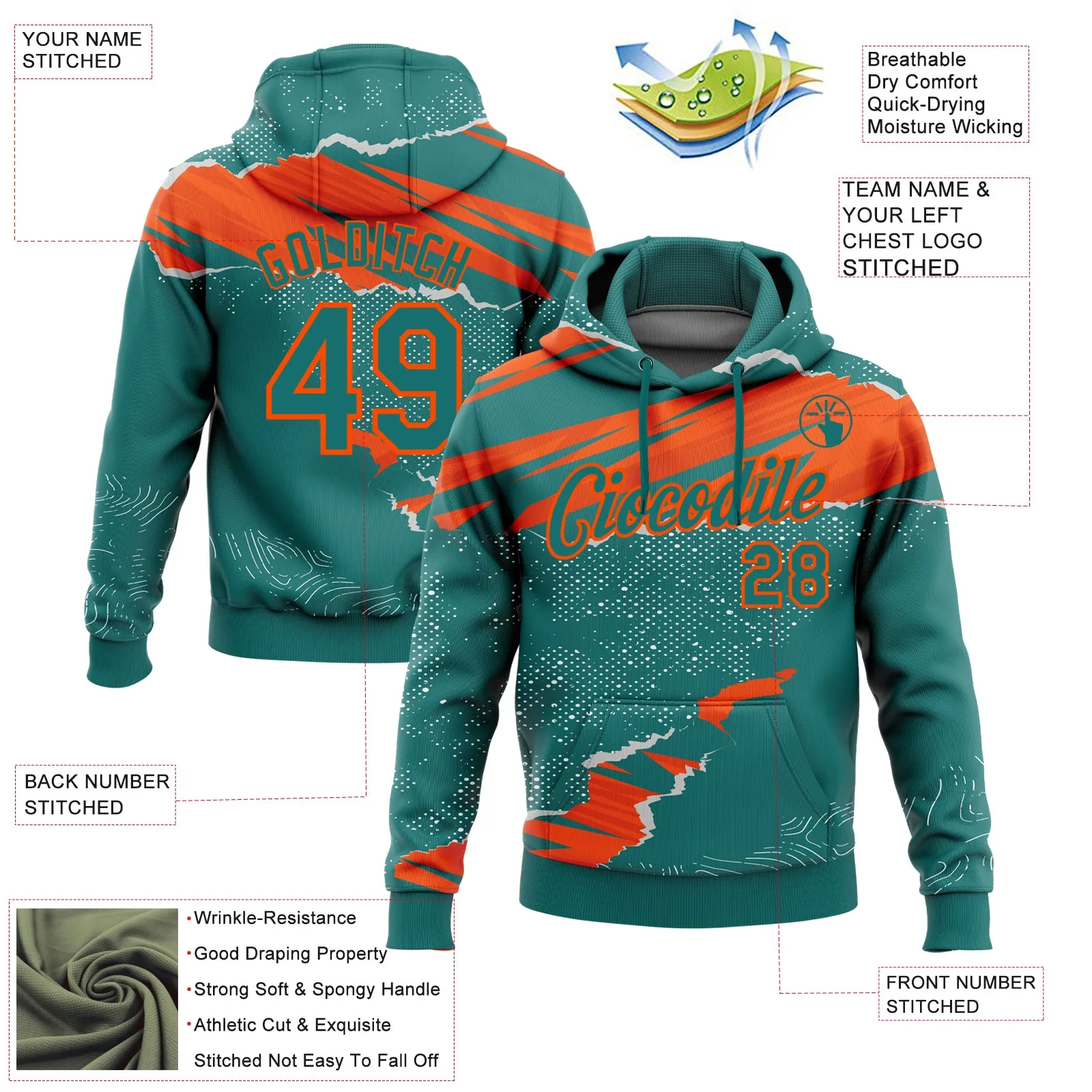 Custom Stitched Teal Orange 3D Pattern Design Torn Paper Style Sports Pullover Sweatshirt Hoodie