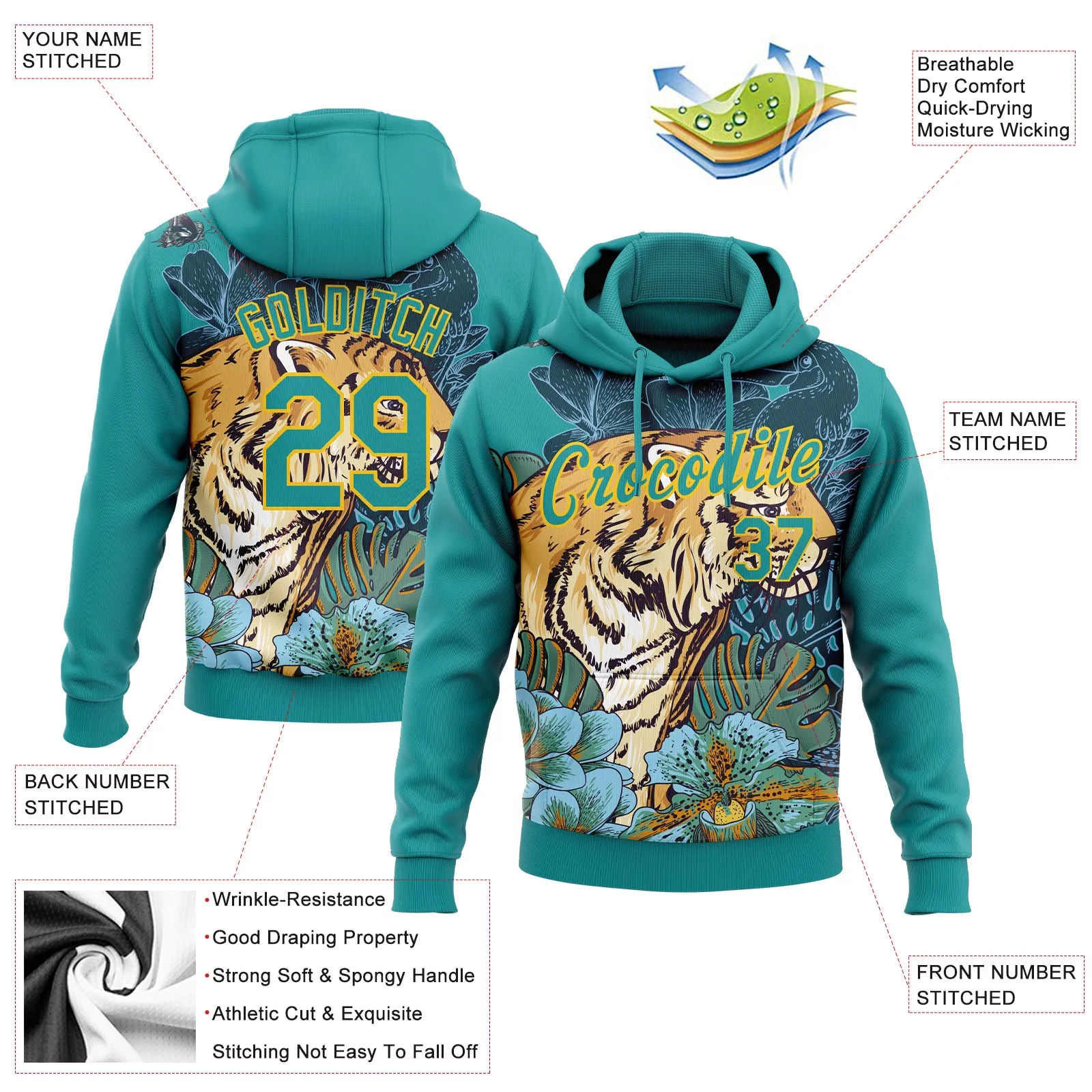 Custom Stitched Teal Yellow 3D Pattern Design Tiger And Flower Sports Pullover Sweatshirt Hoodie