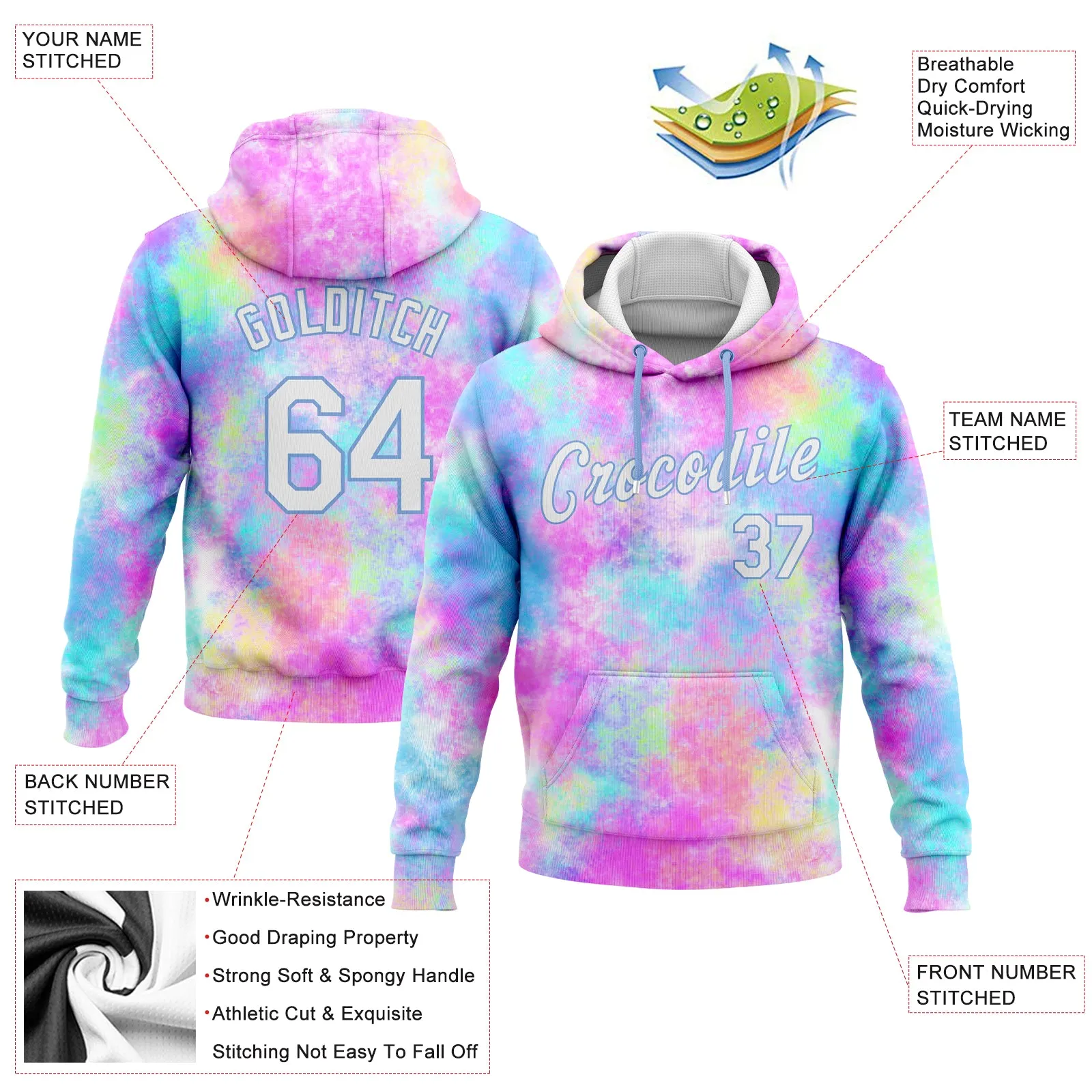 Custom Stitched Tie Dye White-Light Blue 3D Watercolor Gradient Sports Pullover Sweatshirt Hoodie