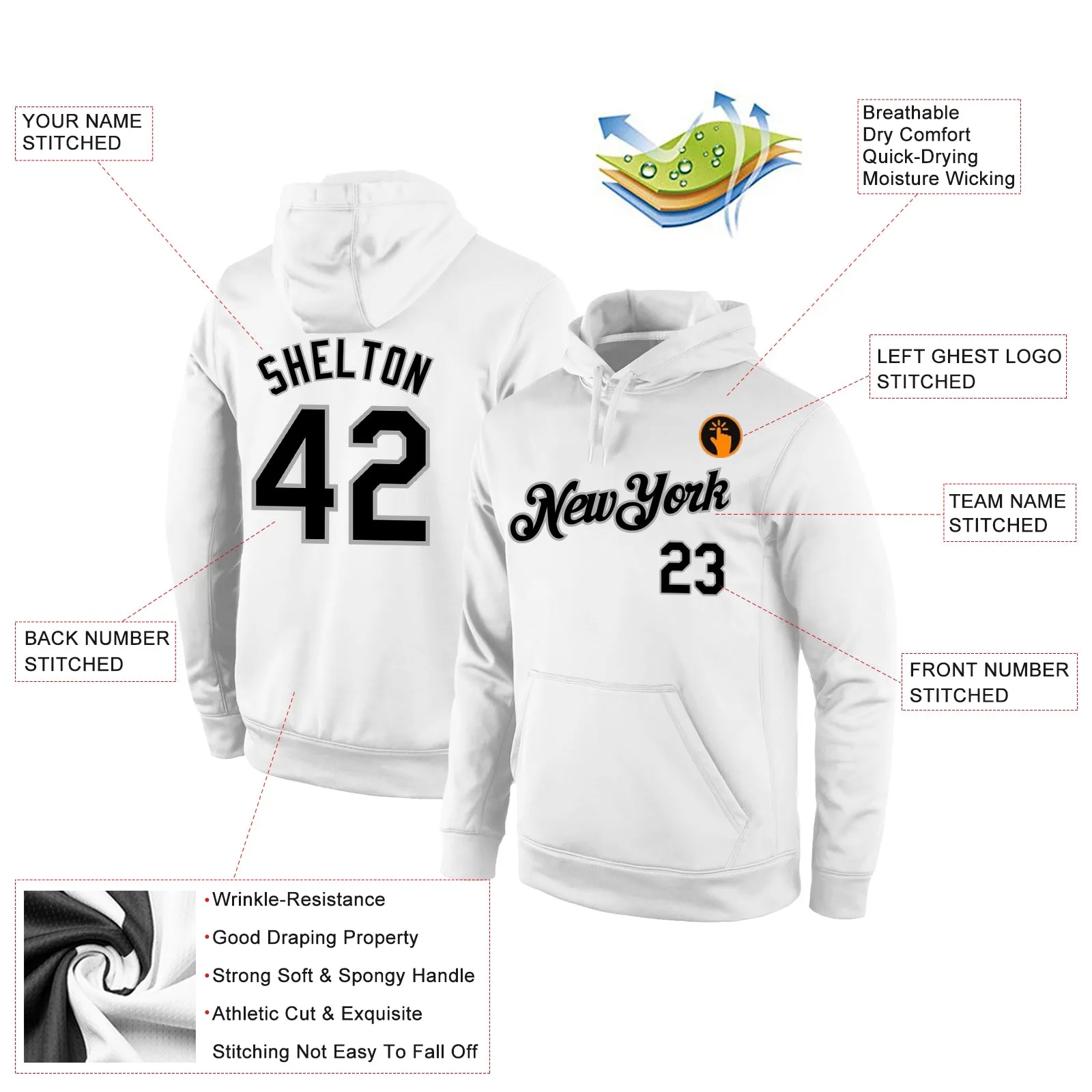 Custom Stitched White Black-Gray Sports Pullover Sweatshirt Hoodie