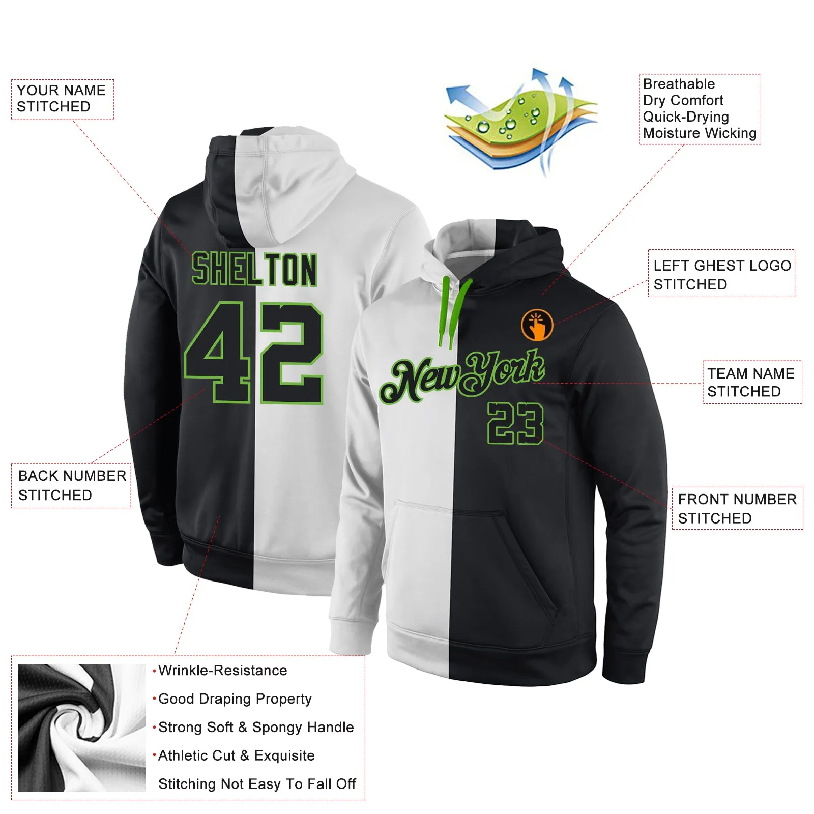 Custom Stitched White Black-Neon Green Split Fashion Sports Pullover Sweatshirt Hoodie