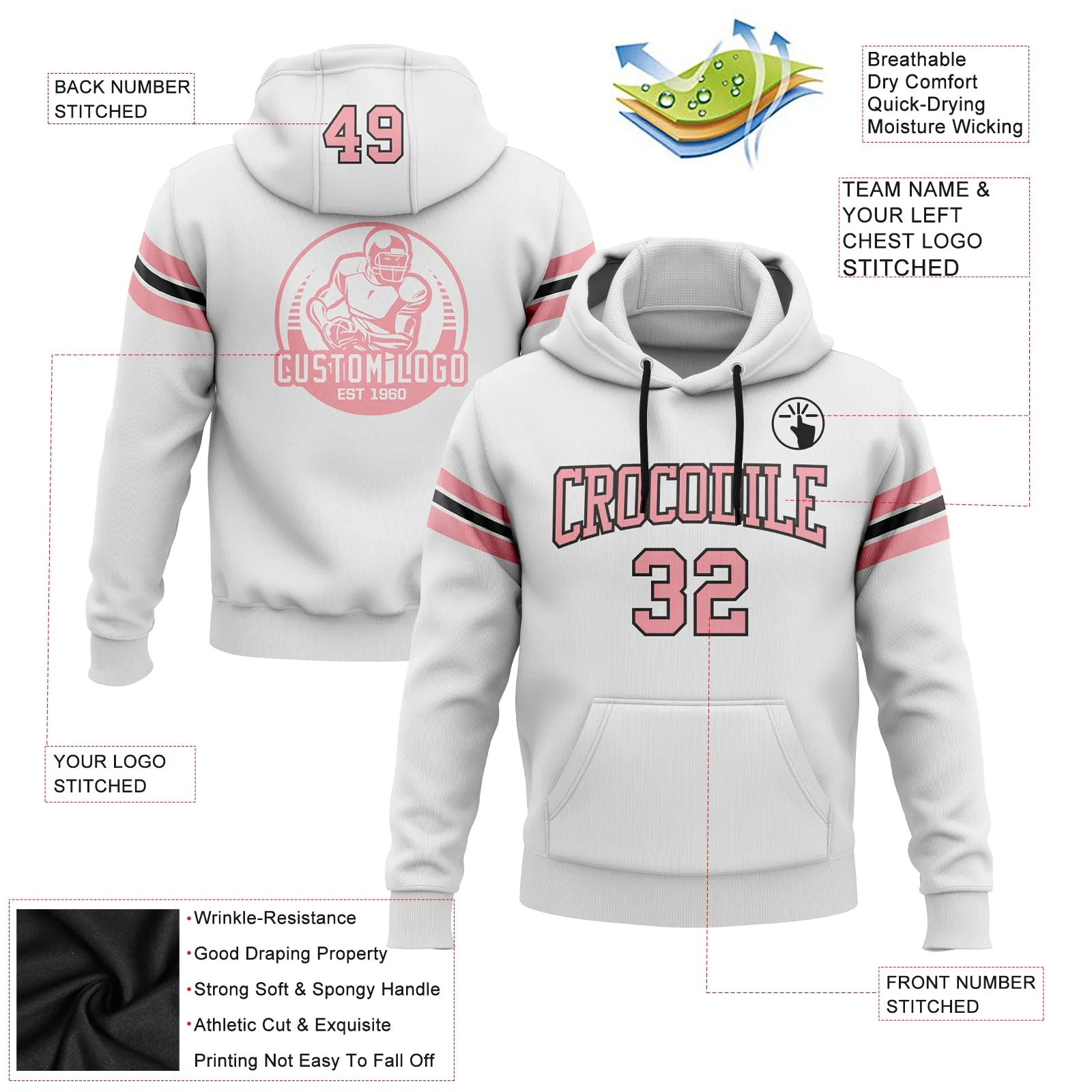 Custom Stitched White Medium Pink-Black Football Pullover Sweatshirt Hoodie