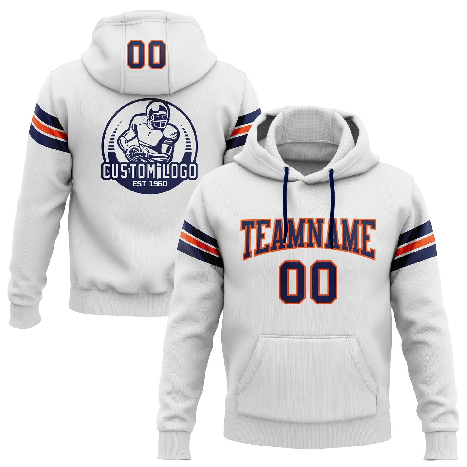 Custom Stitched White Navy-Orange Football Pullover Sweatshirt Hoodie