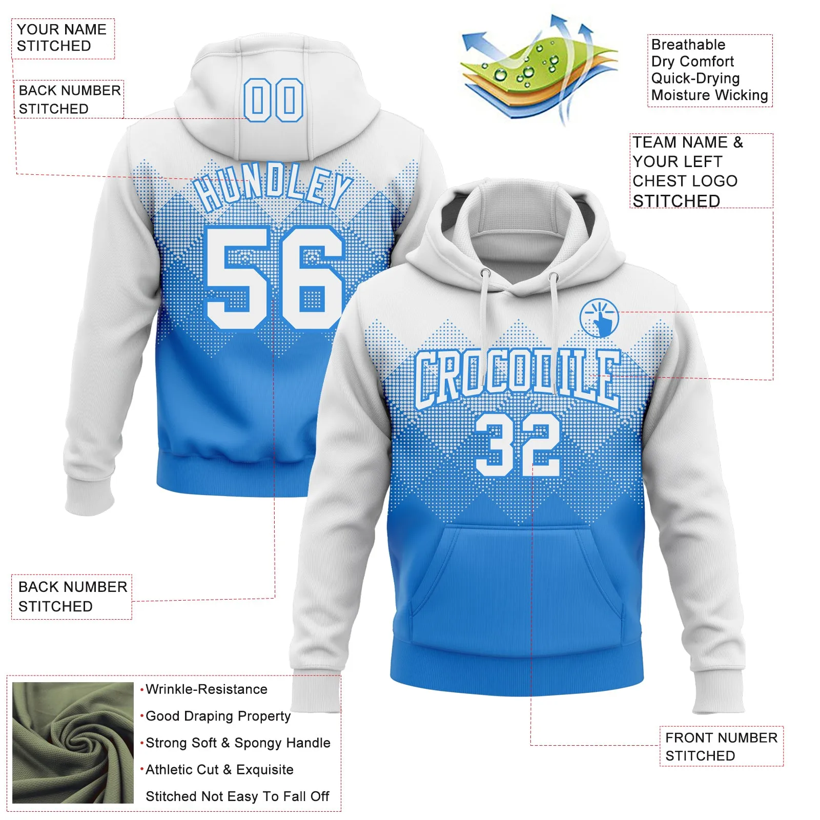 Custom Stitched White Powder Blue 3D Pattern Design Gradient Square Shape Sports Pullover Sweatshirt Hoodie