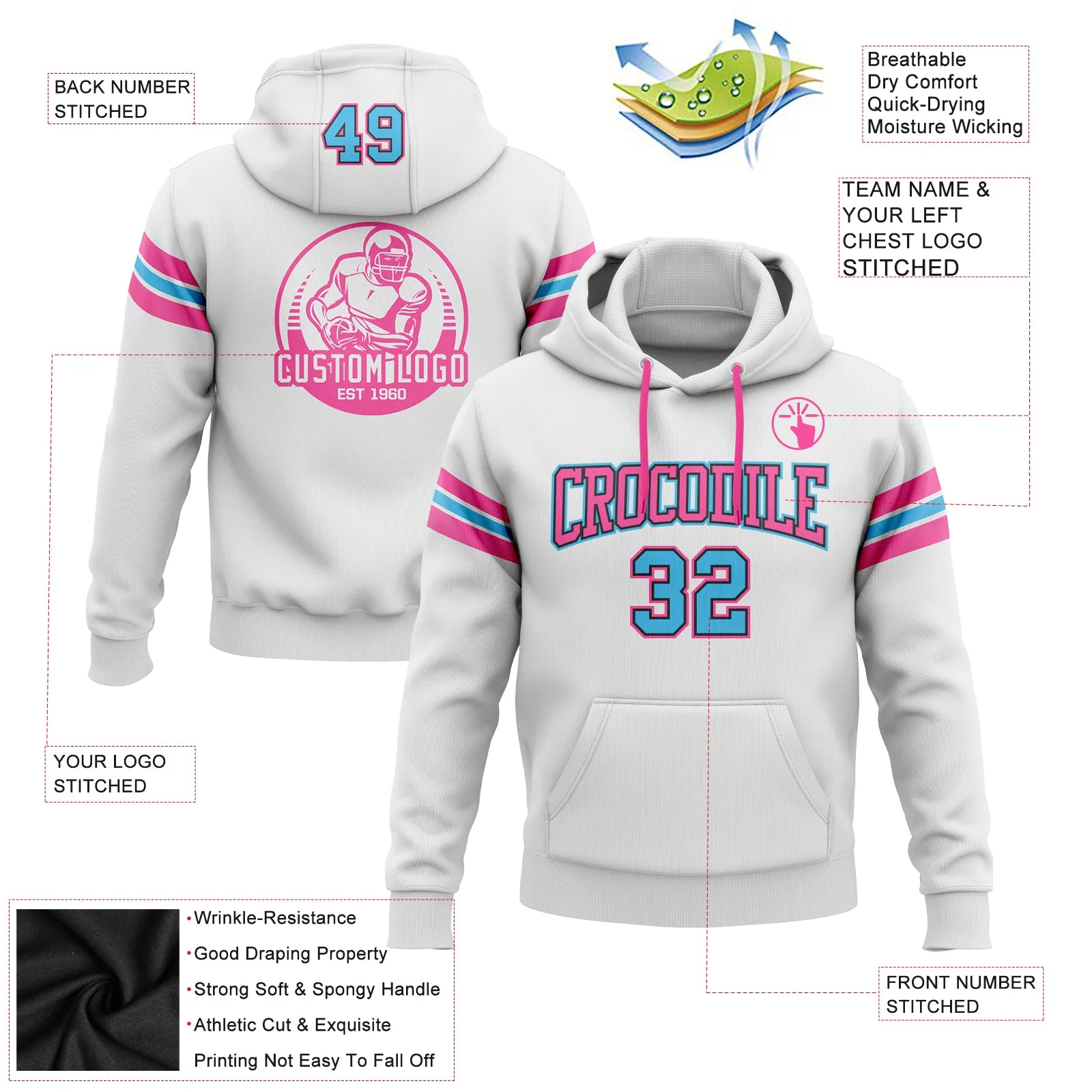 Custom Stitched White Sky Blue Black-Pink Football Pullover Sweatshirt Hoodie