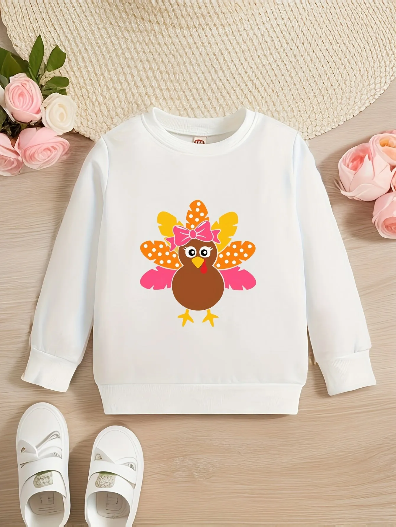 Cute Turkey Print Crew Neck Pullover Sweatshirt for Girls - Soft Medium Stretch Polyester, Regular Fit, Machine Washable, Fall/Winter Seasonal Wear - Perfect for Autumn Party and Thanksgiving Celebration