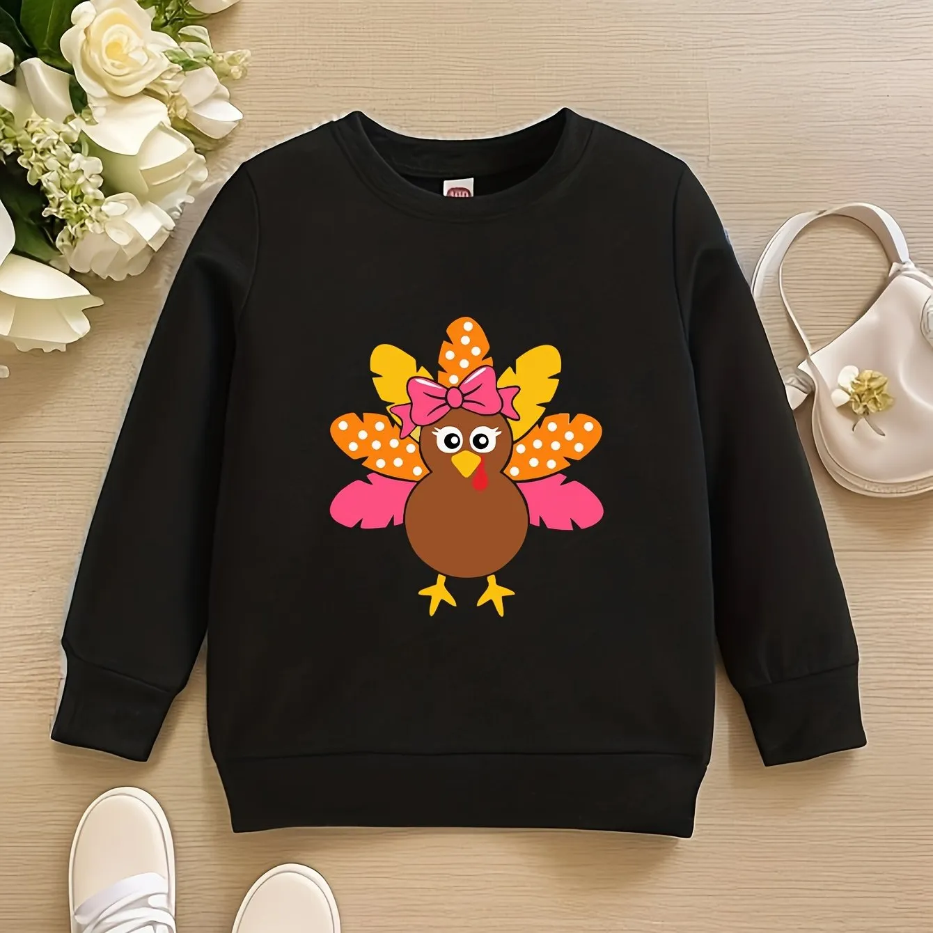 Cute Turkey Print Crew Neck Pullover Sweatshirt for Girls - Soft Medium Stretch Polyester, Regular Fit, Machine Washable, Fall/Winter Seasonal Wear - Perfect for Autumn Party and Thanksgiving Celebration