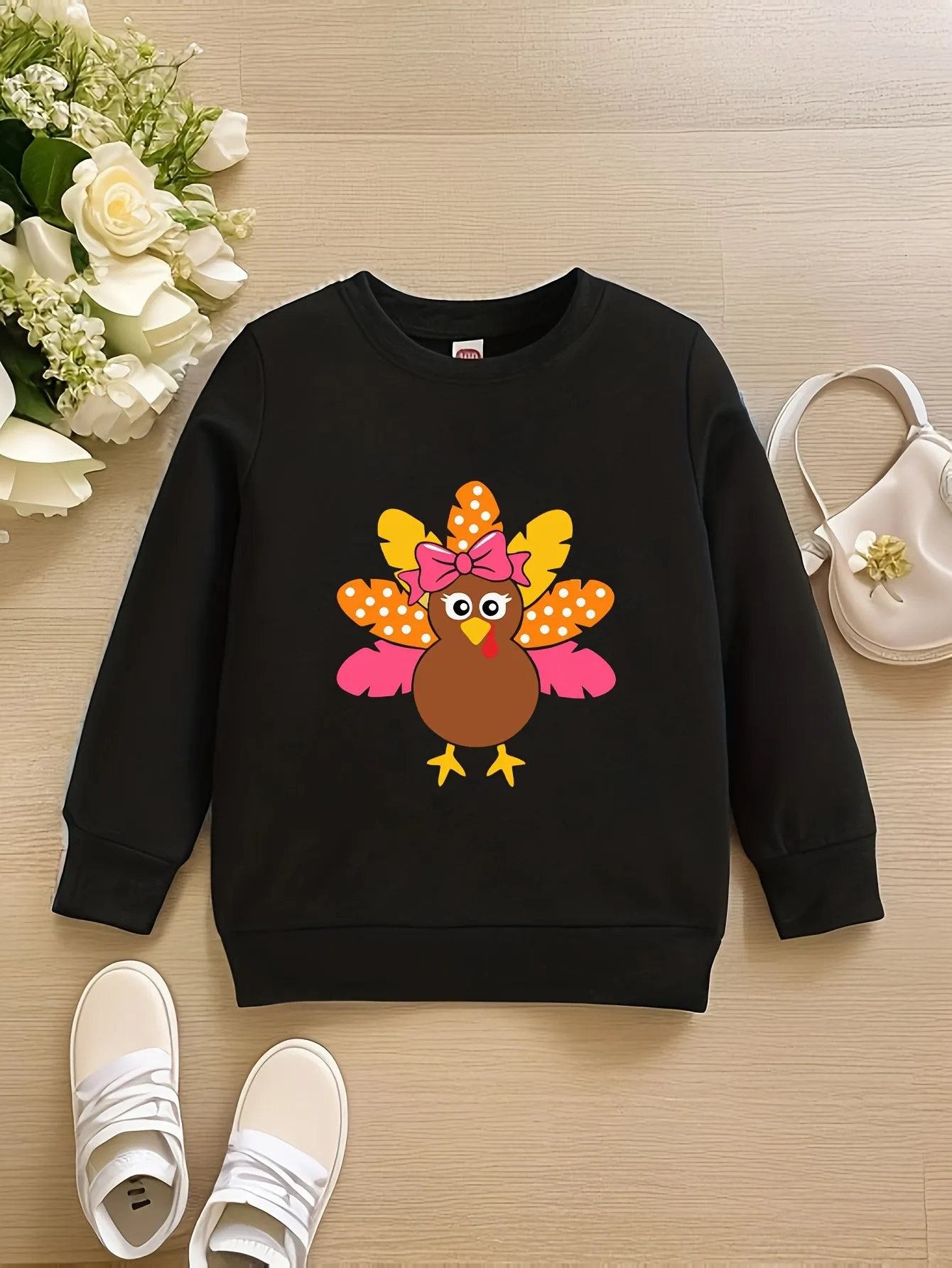 Cute Turkey Print Crew Neck Pullover Sweatshirt for Girls - Soft Medium Stretch Polyester, Regular Fit, Machine Washable, Fall/Winter Seasonal Wear - Perfect for Autumn Party and Thanksgiving Celebration