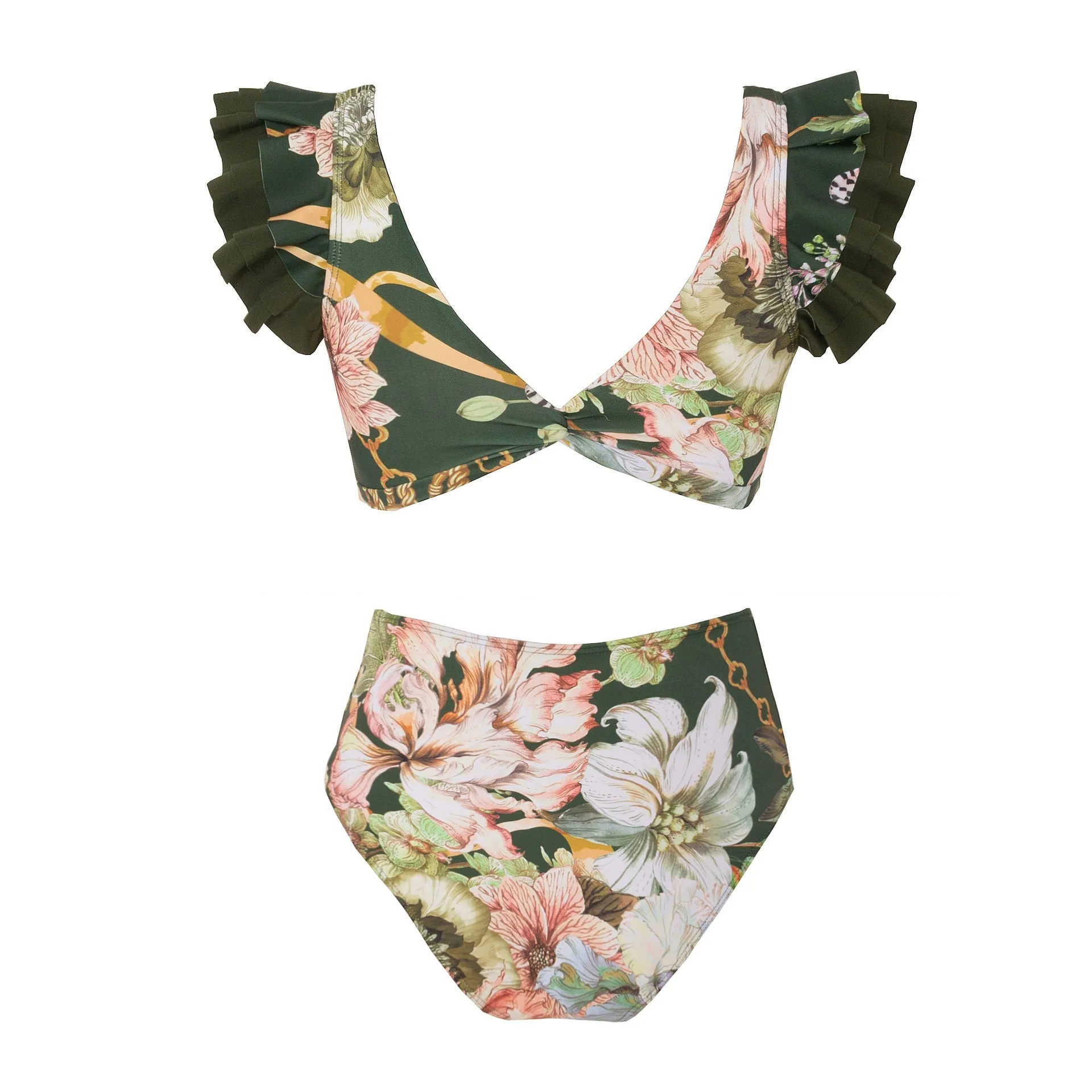 Dark Green Floral High Waisted Two Piece Swimsuit With Ruffled Pencil Skirt by Sinderella