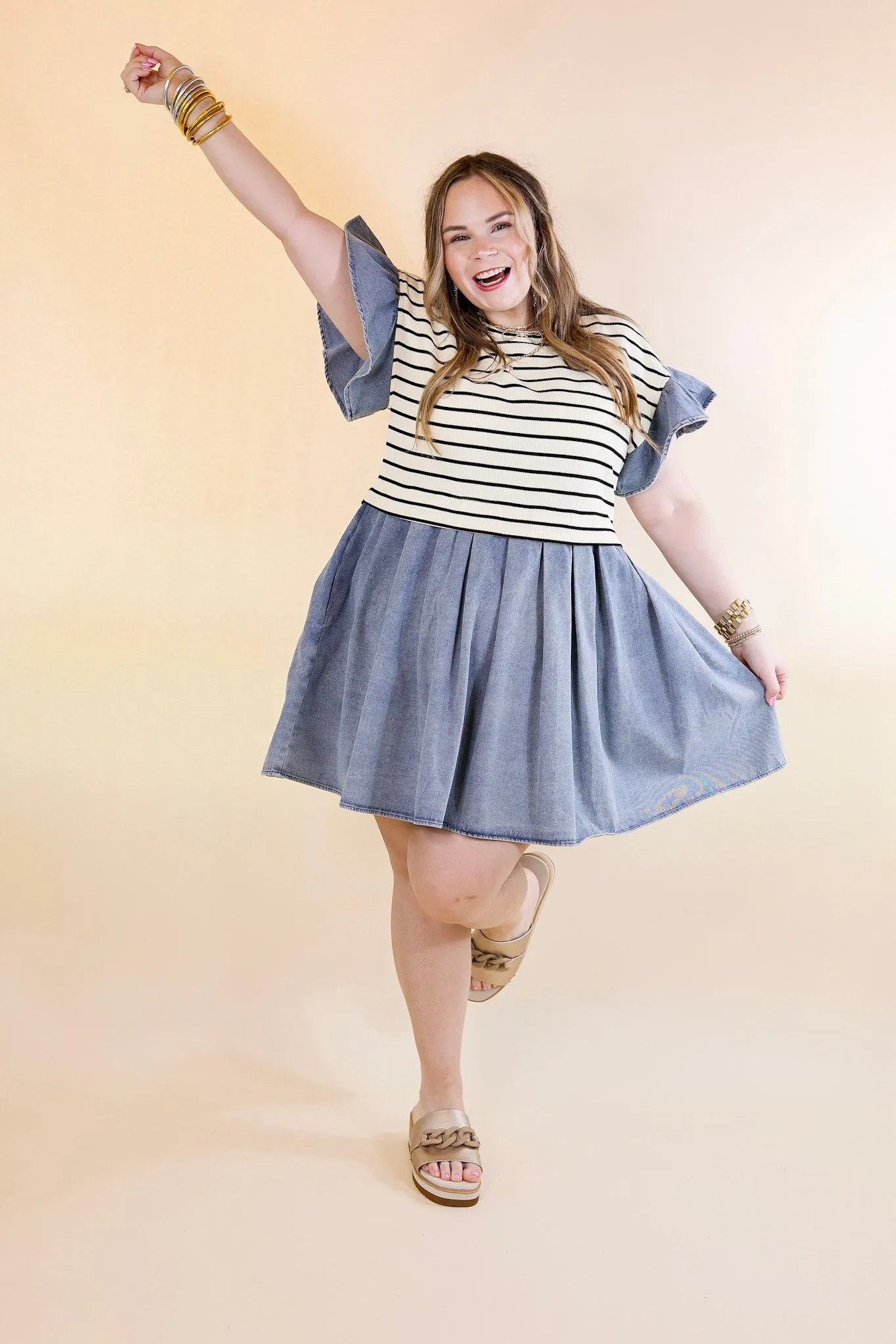 Denim Duo Striped Dress in Cream and Black with Denim