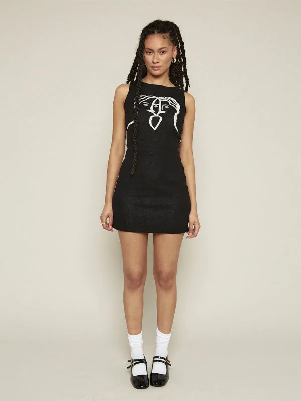 Doodle Faces Intarsia Knit Mini Dress: Black