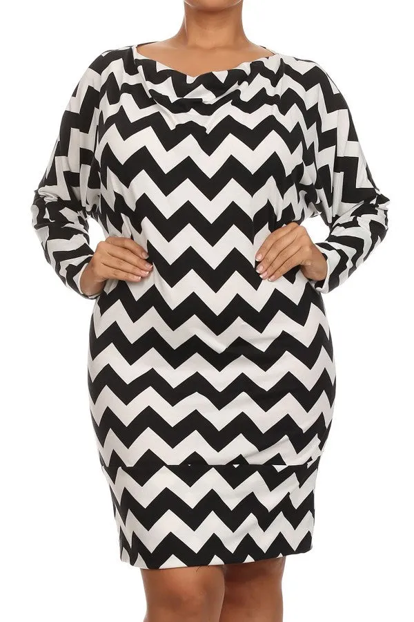 Dress Plus Chevron Black White Long Sleeve Cowl Neck Banded Hem Women