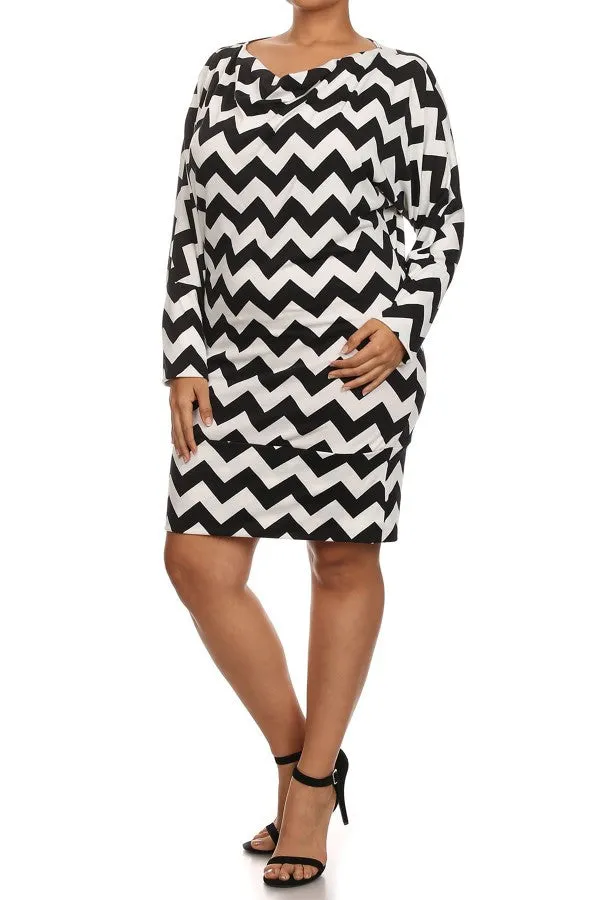 Dress Plus Chevron Black White Long Sleeve Cowl Neck Banded Hem Women