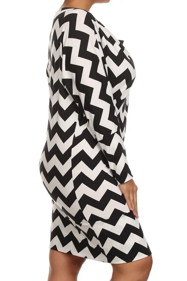 Dress Plus Chevron Black White Long Sleeve Cowl Neck Banded Hem Women