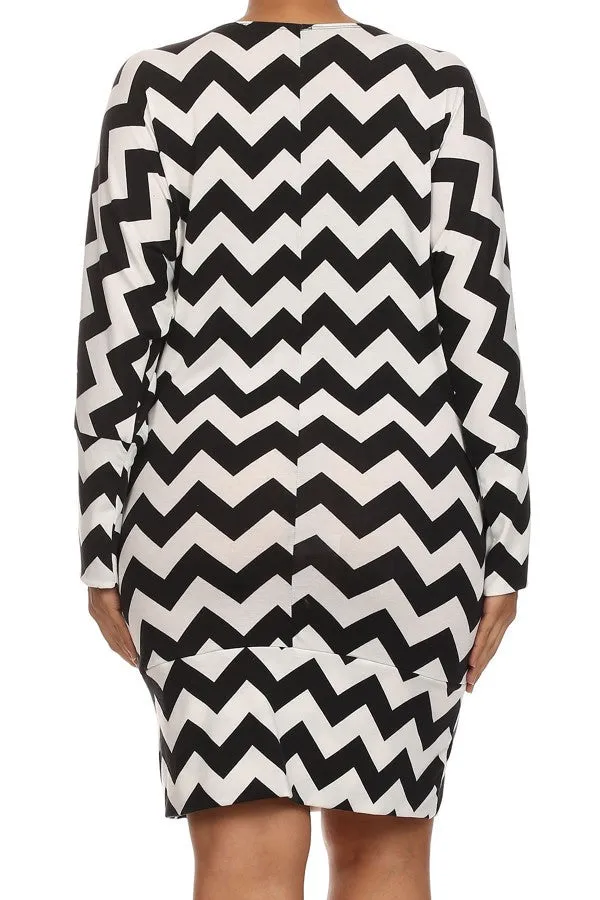 Dress Plus Chevron Black White Long Sleeve Cowl Neck Banded Hem Women