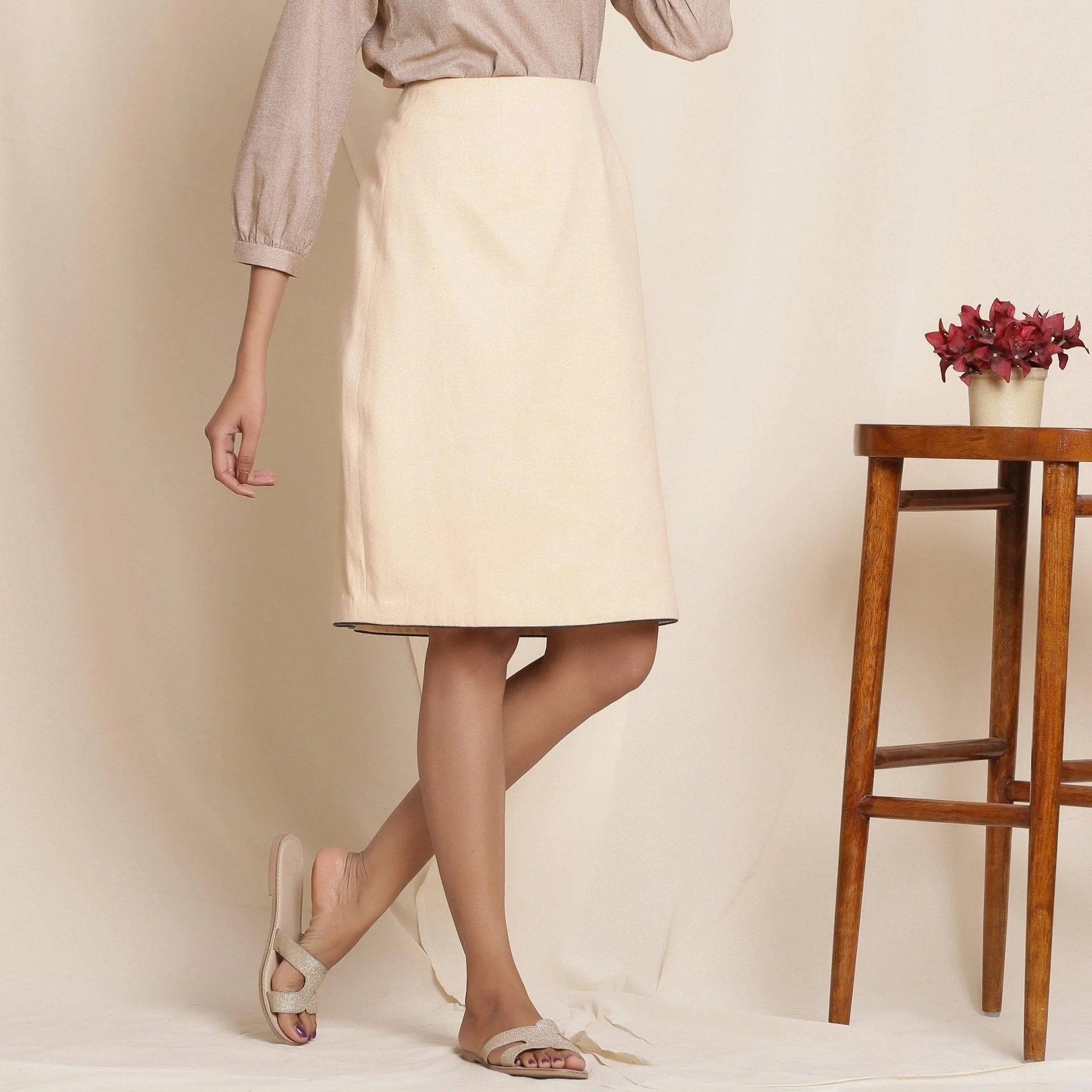 Dusk Beige Warm Cotton Flannel Knee Length Pencil Skirt