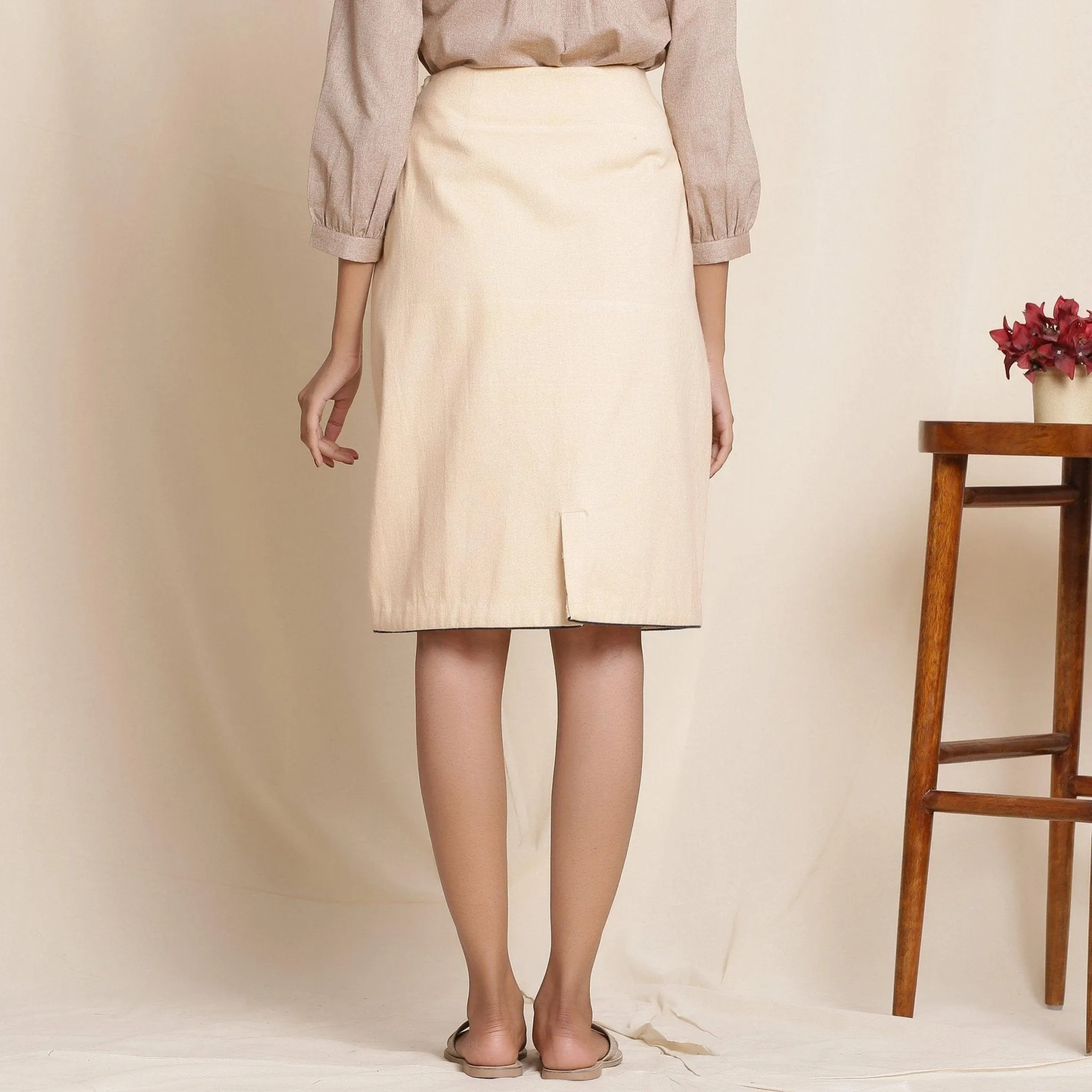 Dusk Beige Warm Cotton Flannel Knee Length Pencil Skirt